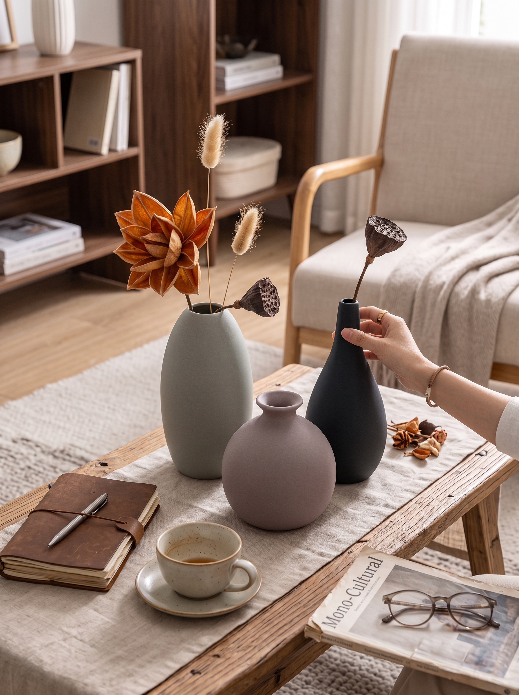 Muted ceramic vases filling a sideboard without flowers