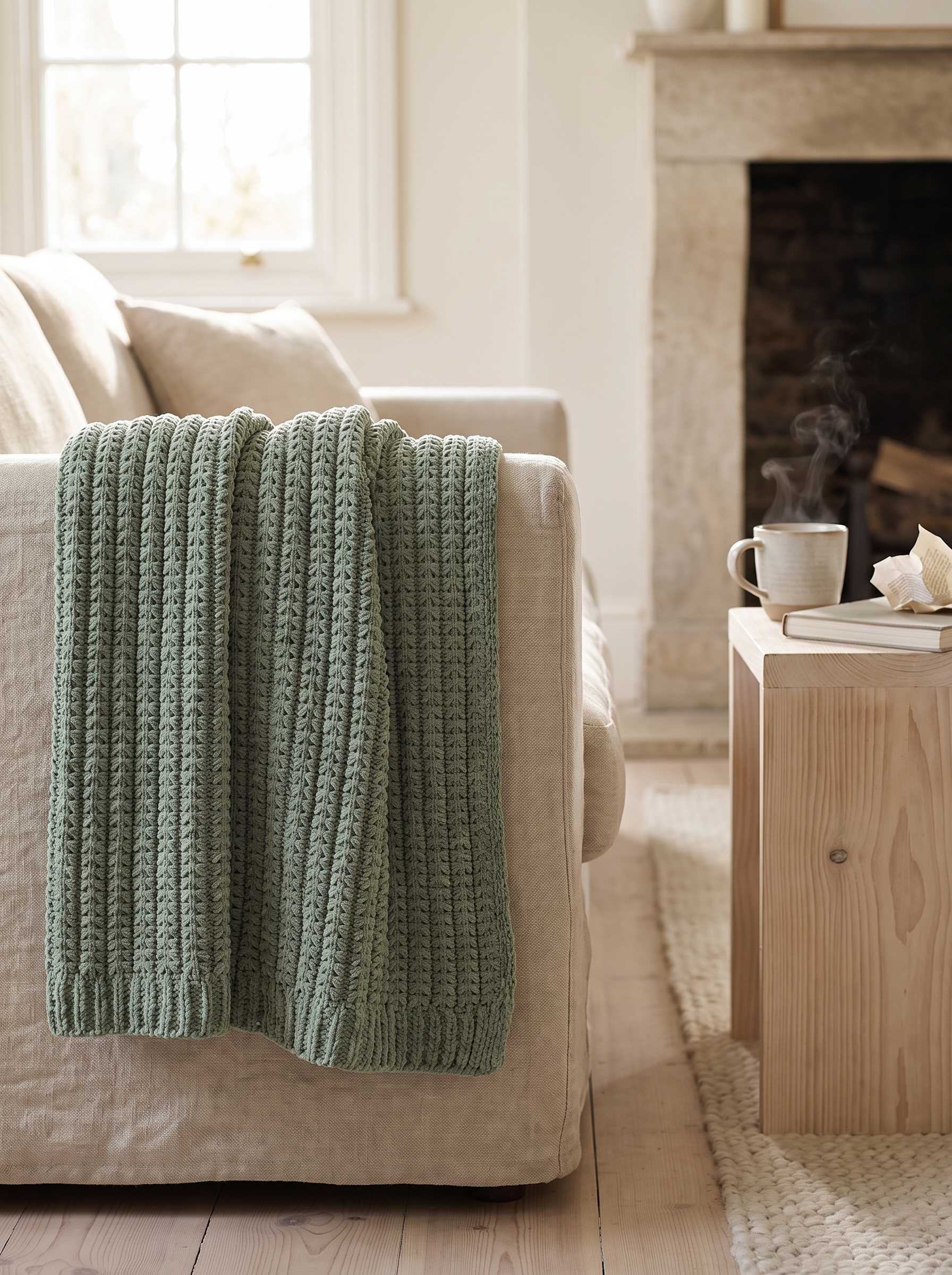 Looped chenille pile draped over a sofa arm