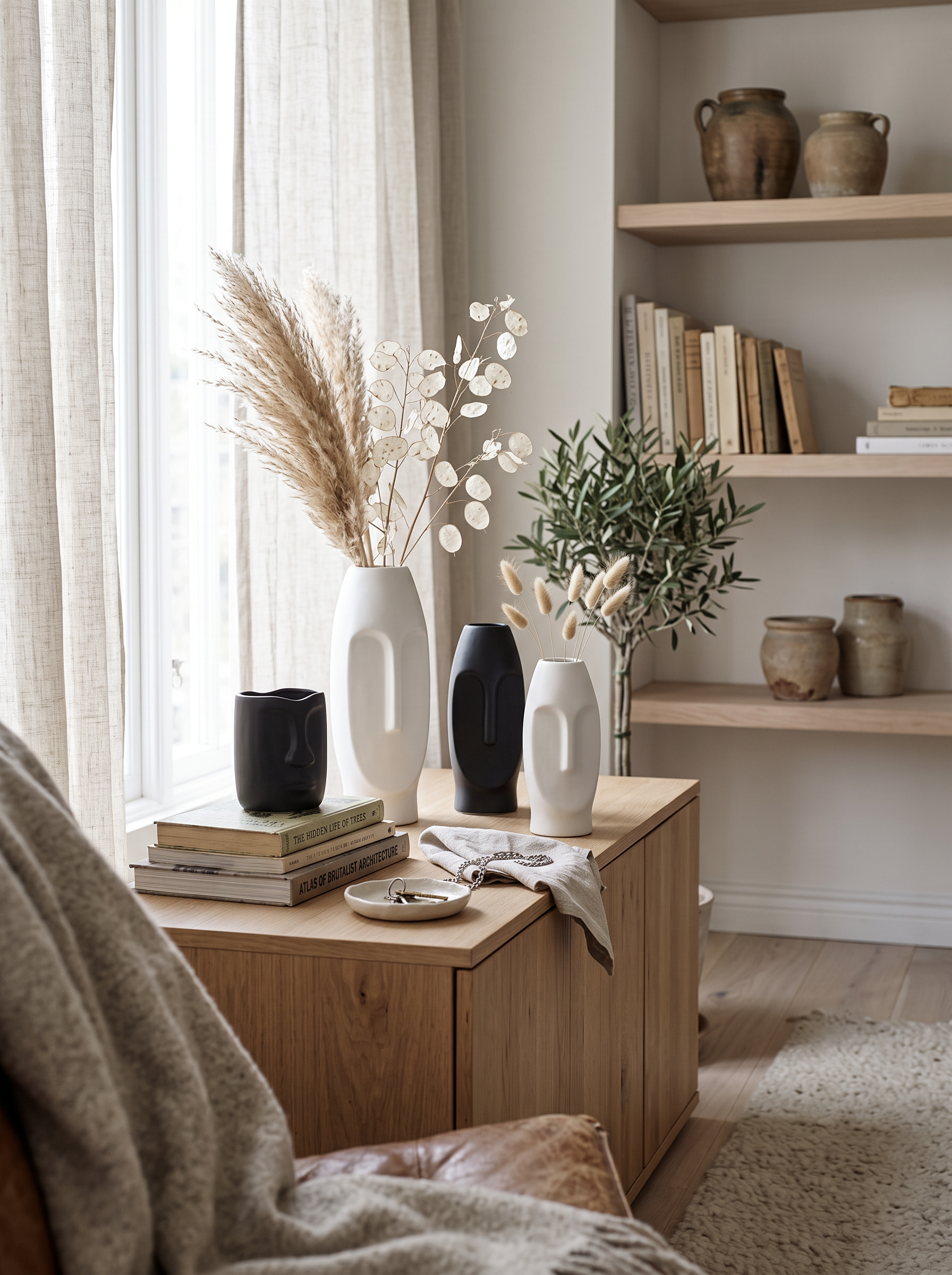Ceramic vases grouped at staggered heights on a sideboard