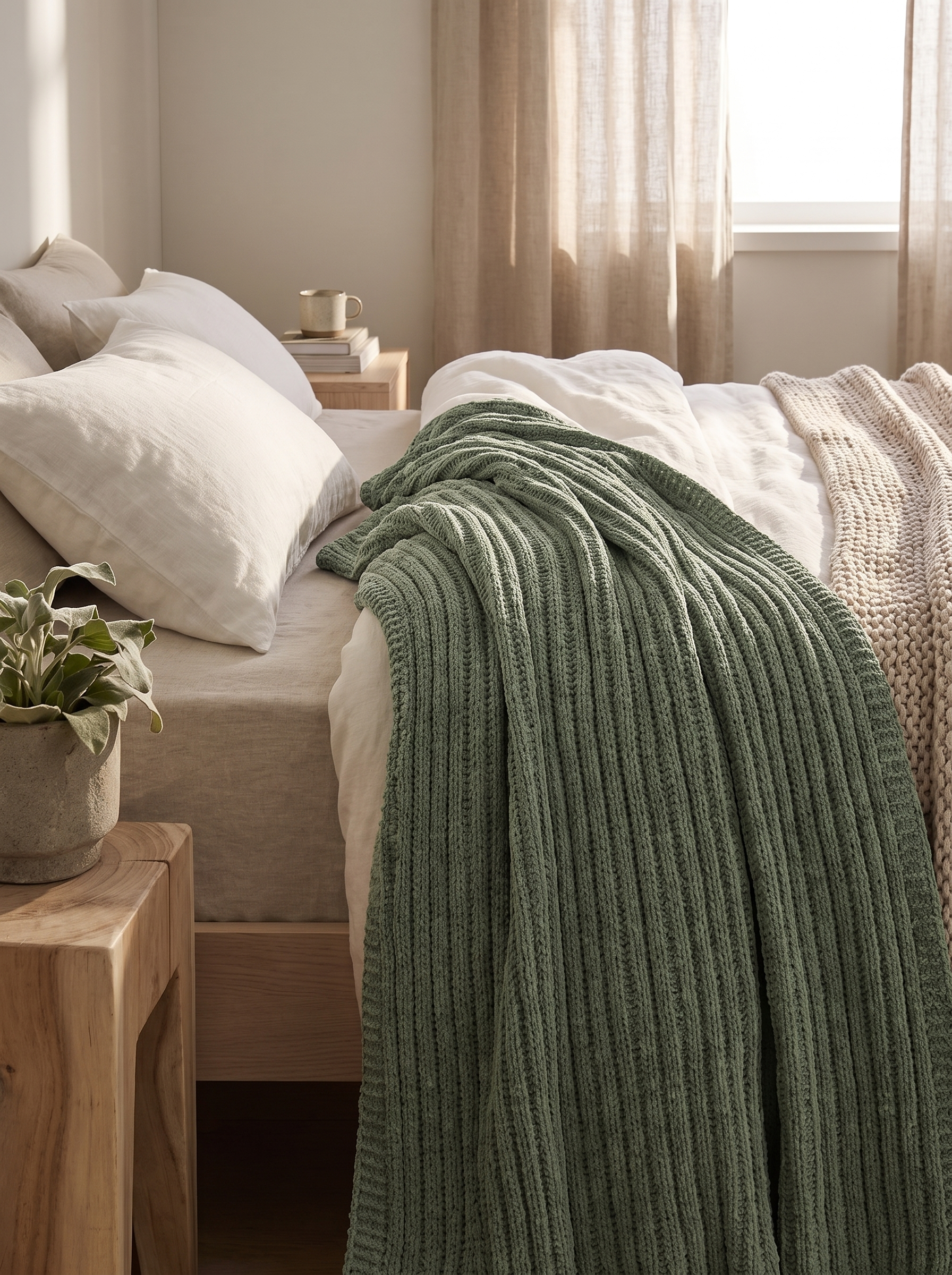 Chenille blanket pulled up over a bed
