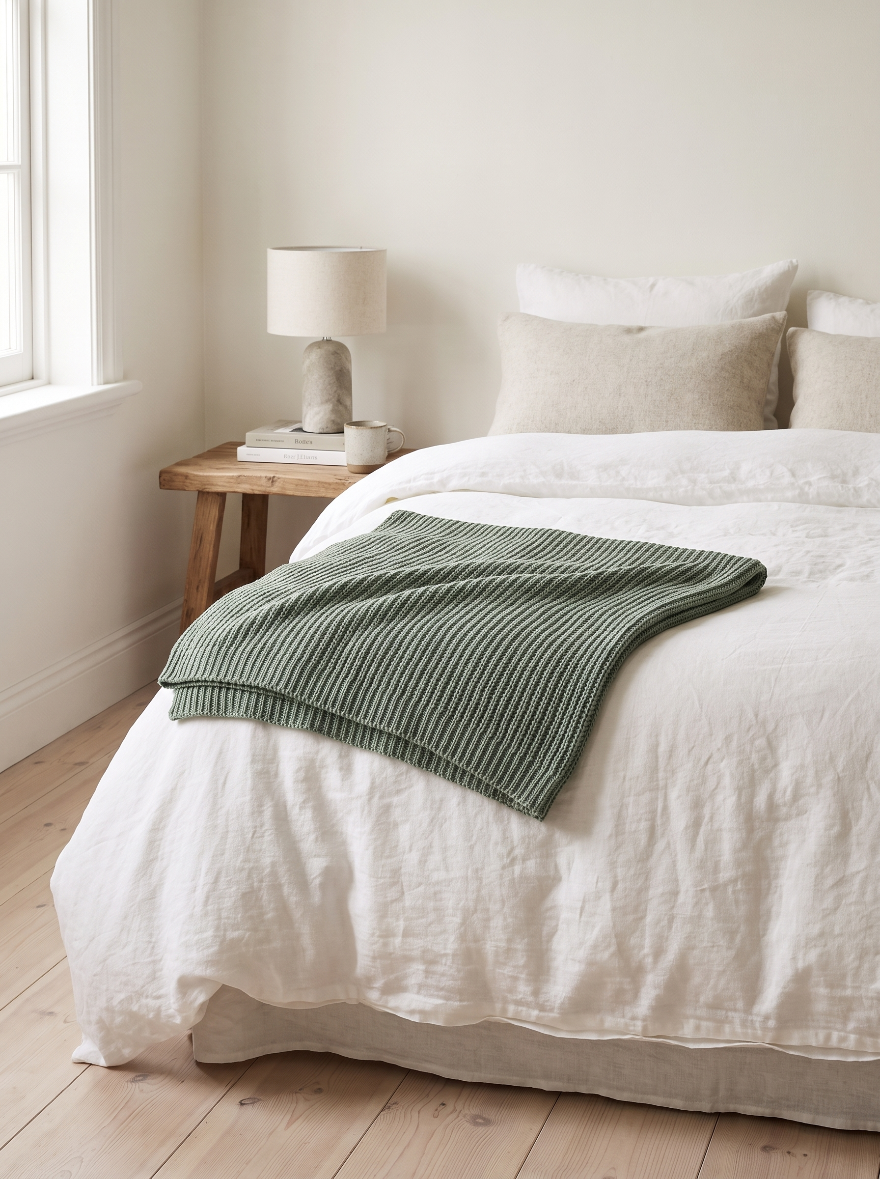 Knitted blanket folded across the end of a bed