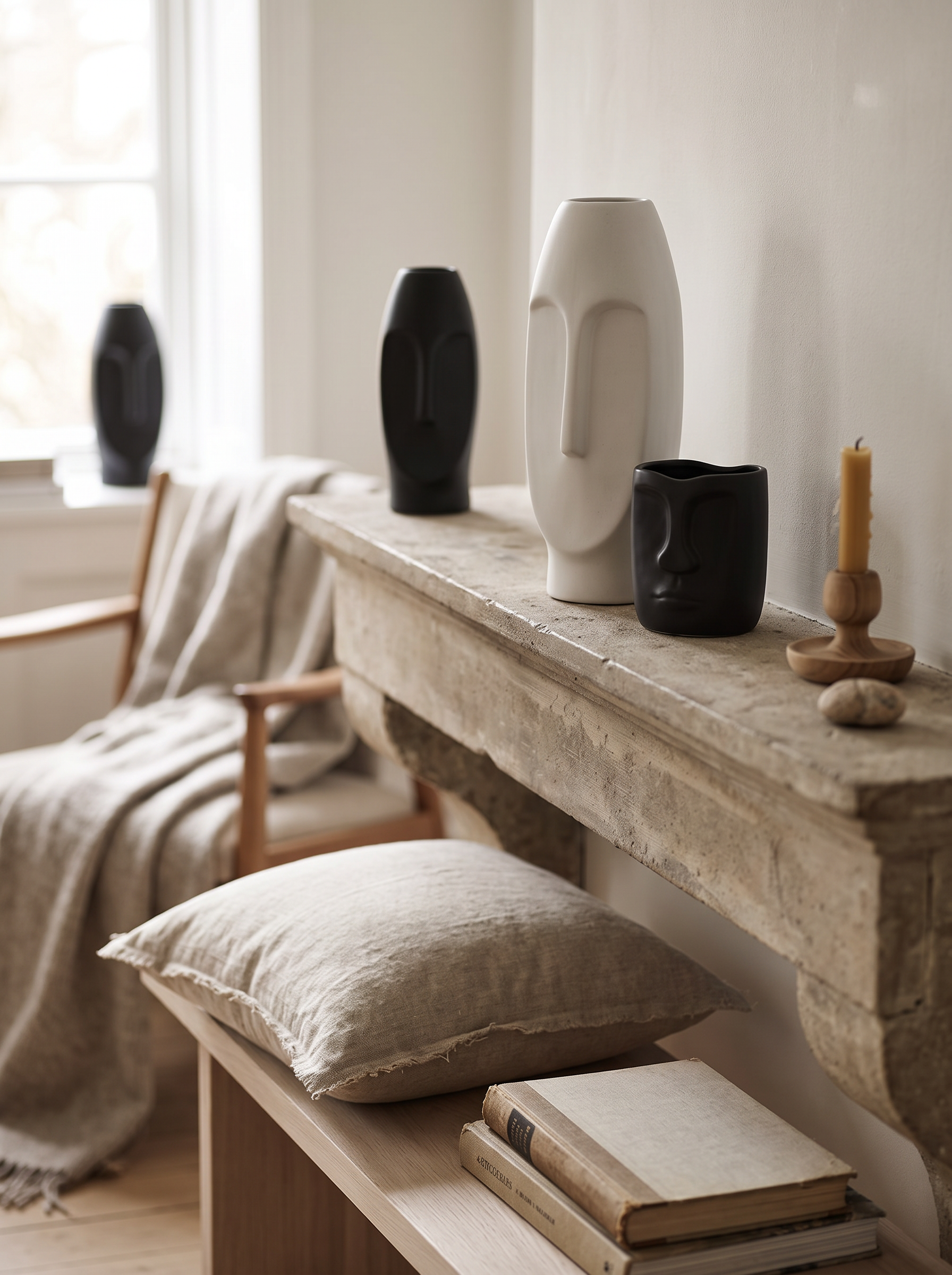 Face art ceramic vase standing empty on a mantelpiece