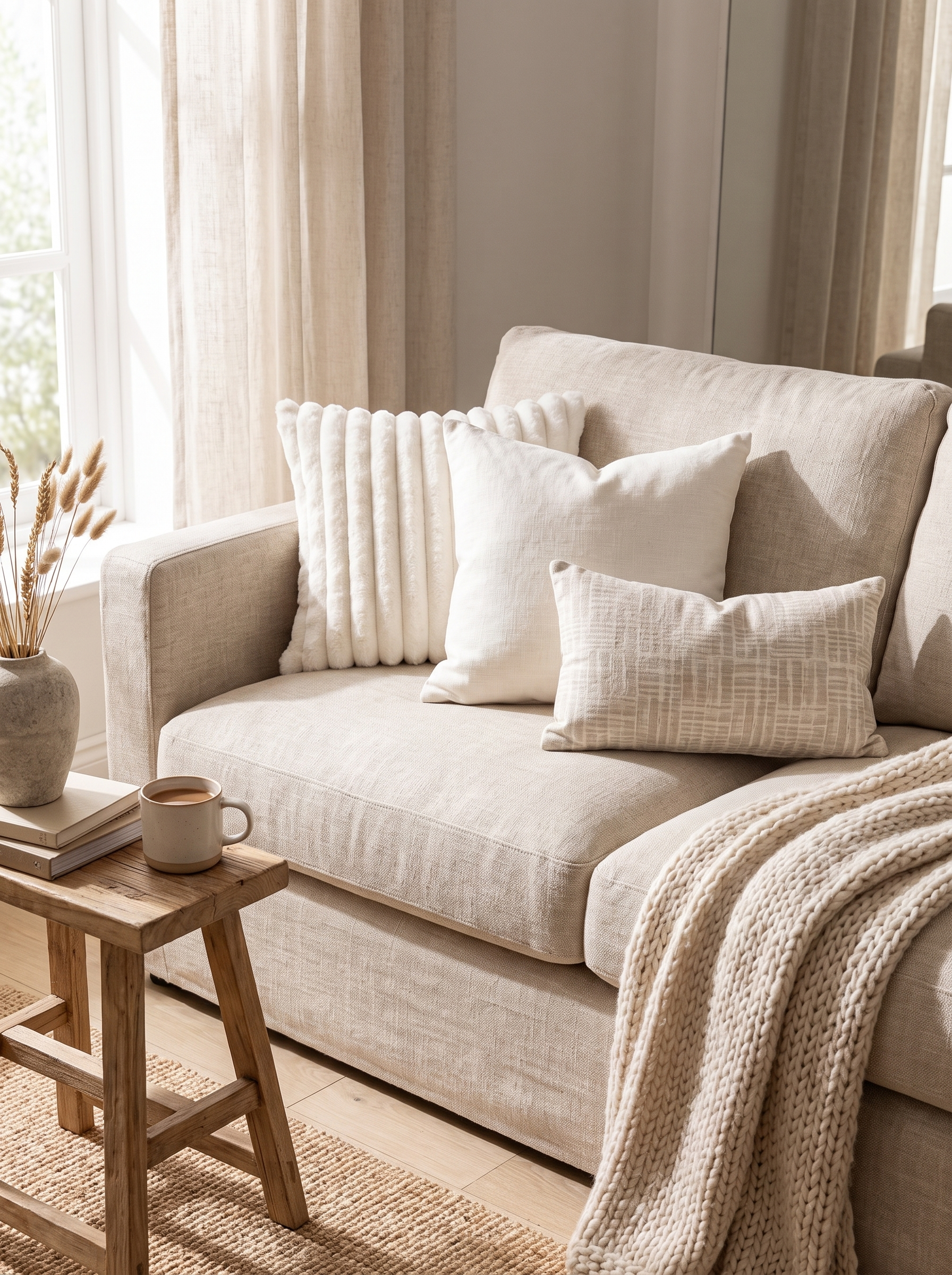 Two cushion sizes layered on a sofa corner