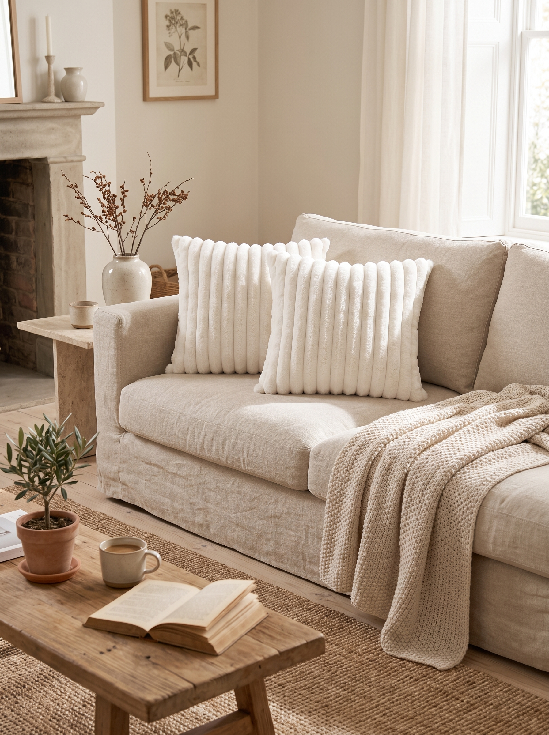 Striped velvet cushion covers on a linen sofa