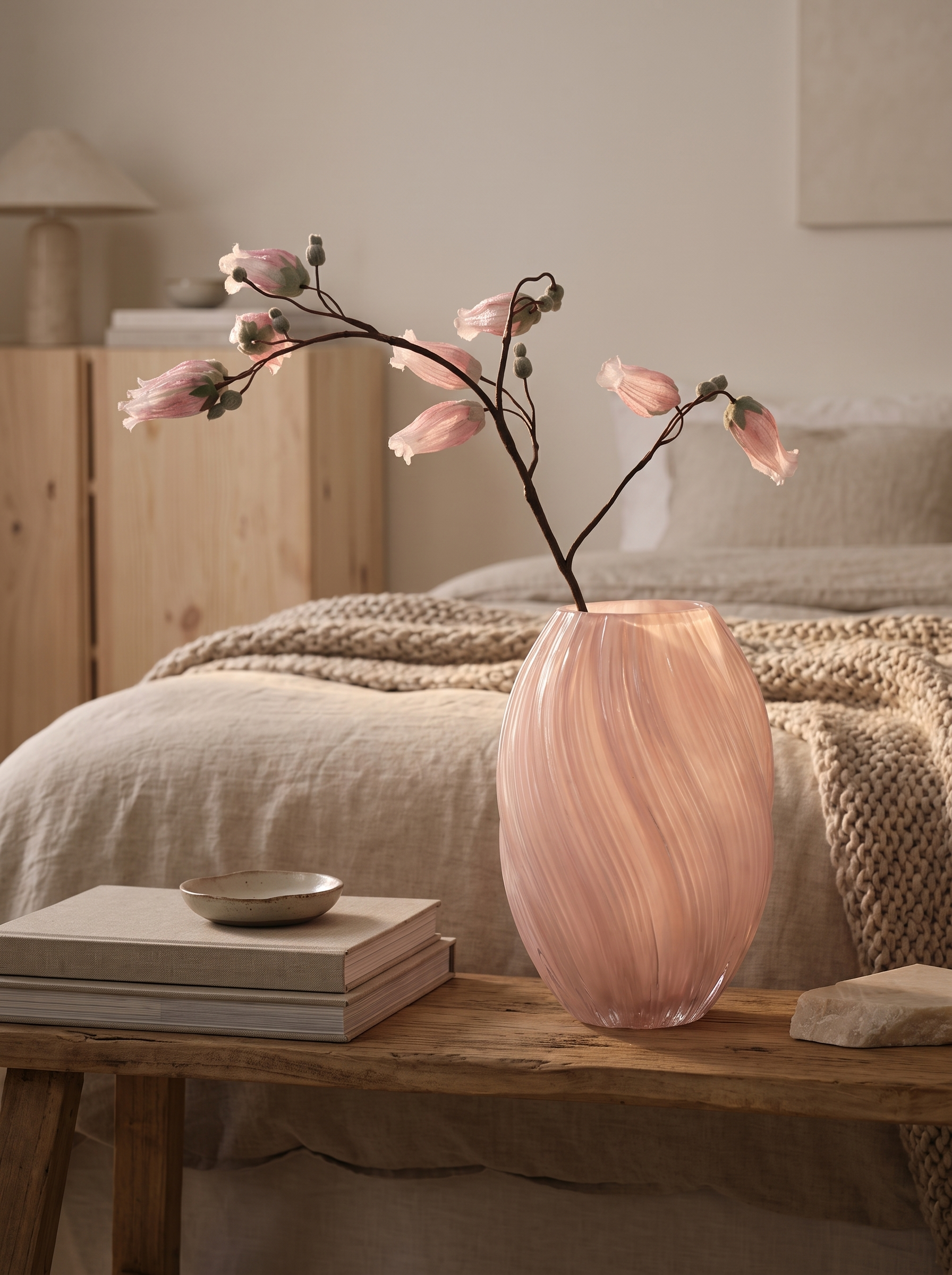 Luminous glass vase glowing on a bedroom shelf