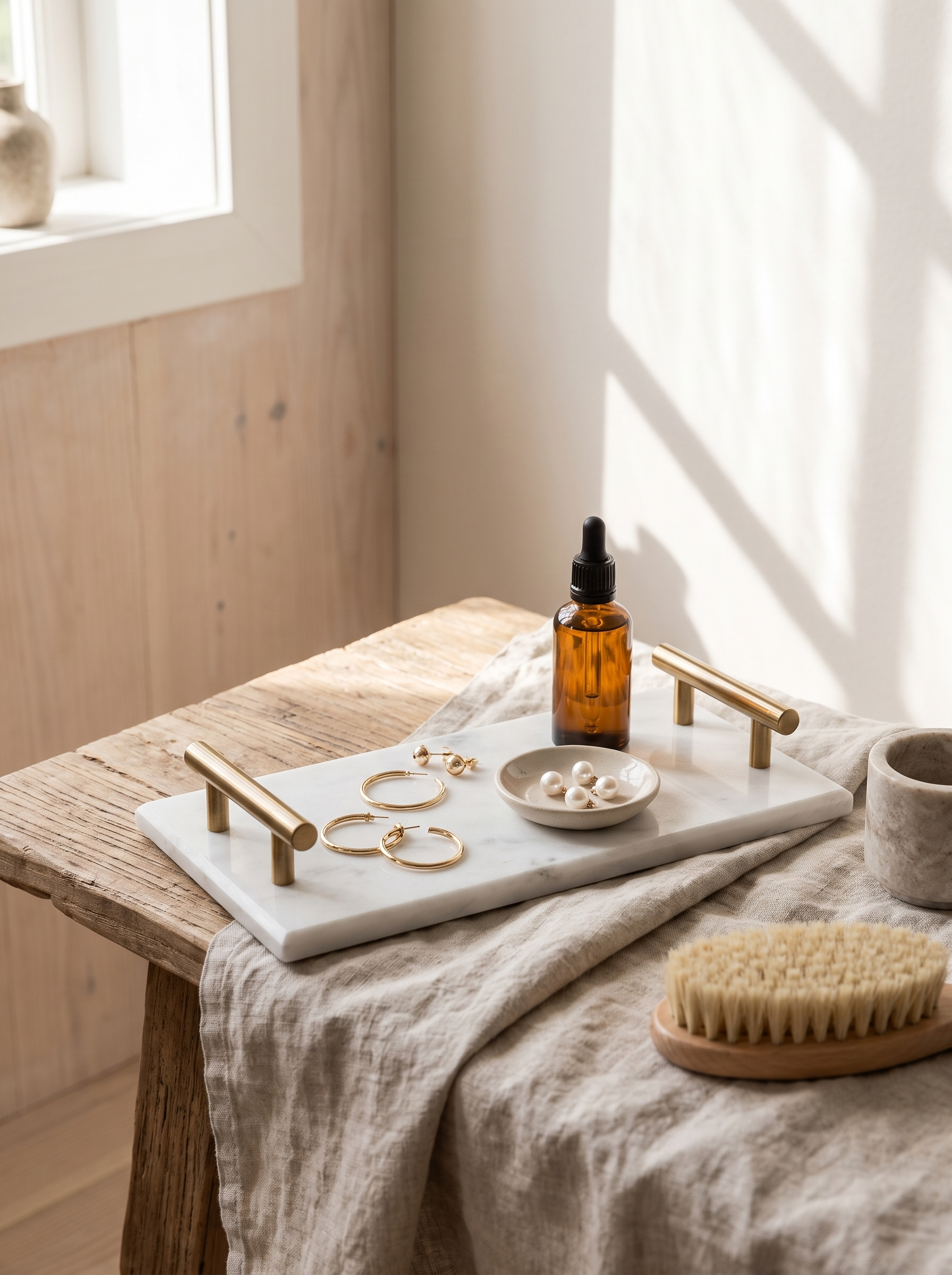 Marble tray holding jewellery on a dressing table