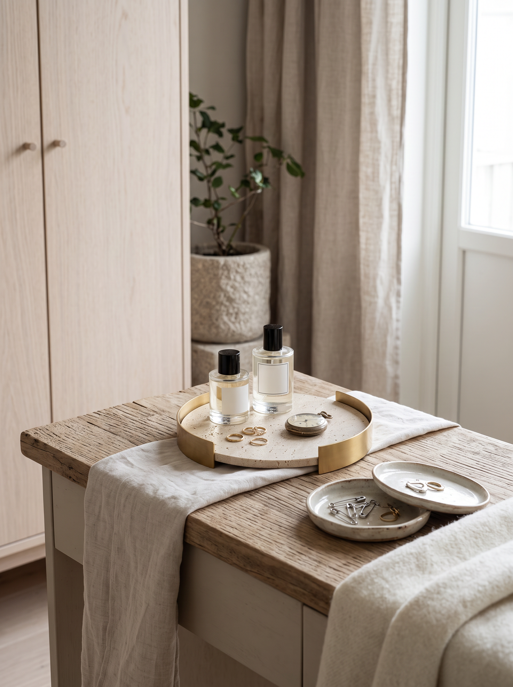 Marble tray corralling perfume on a dressing table