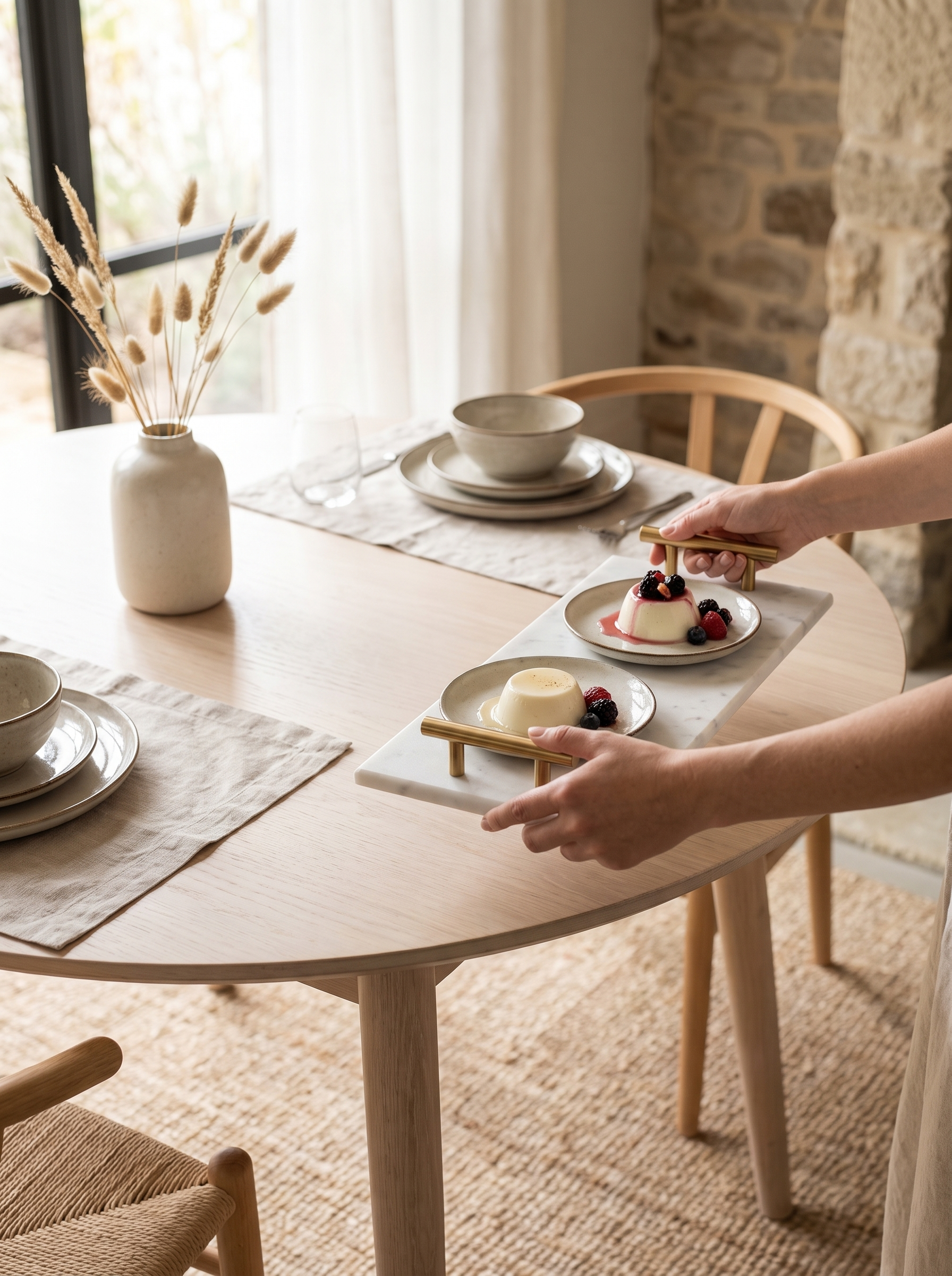 Marble tray carrying dessert to a set table