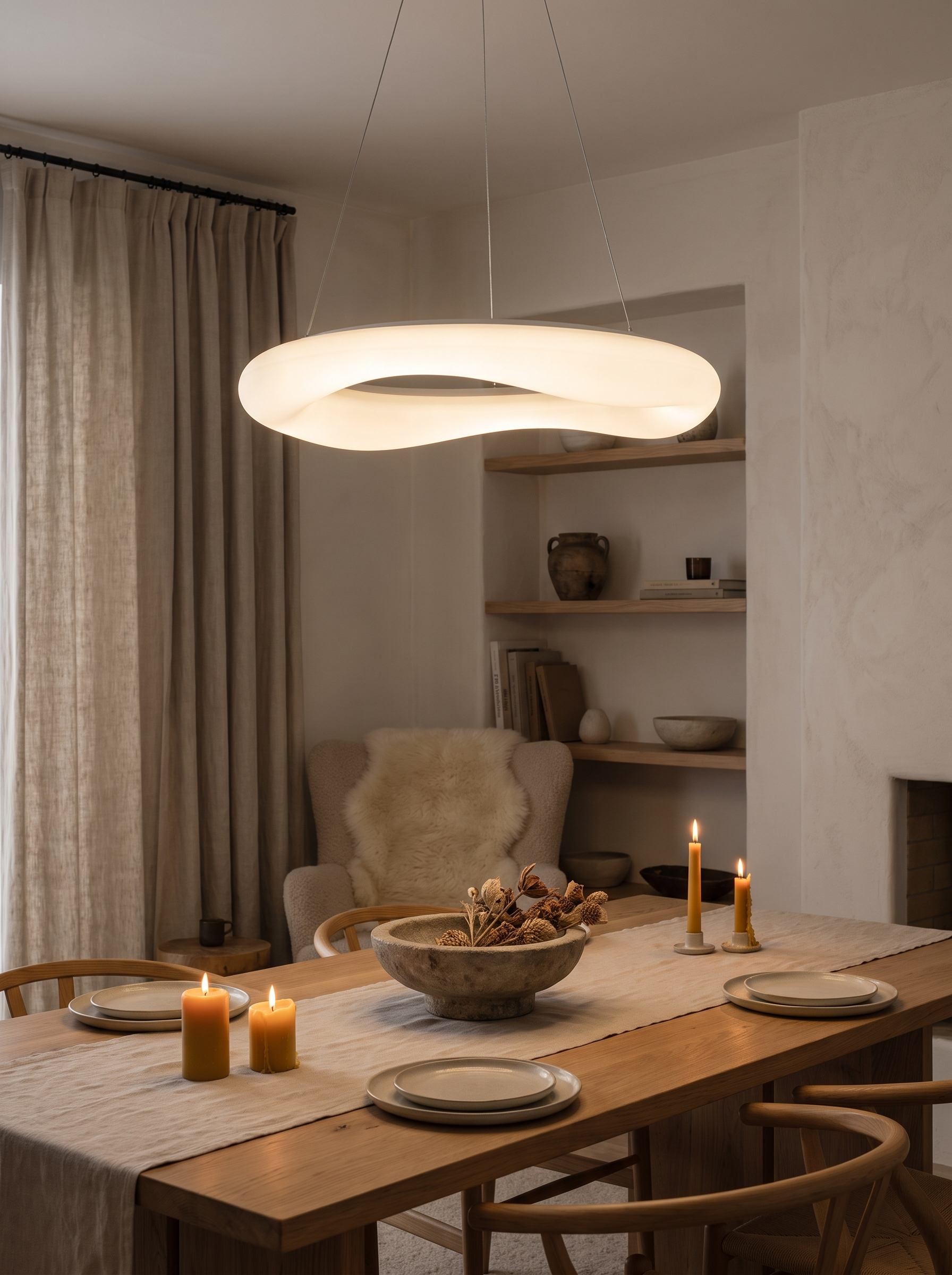 Pendant dimmed low over a table in the evening