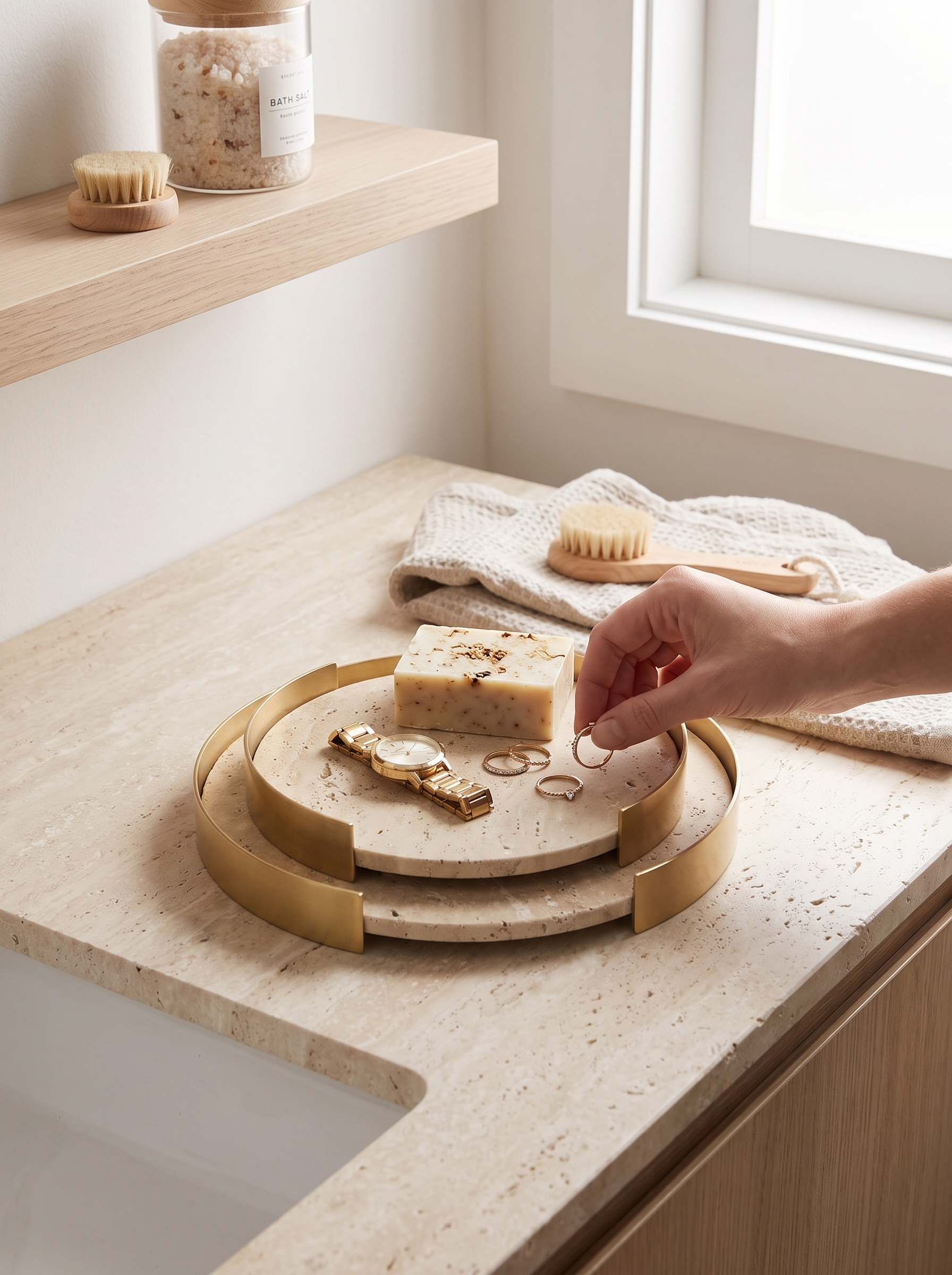 Marble tray gathering rings and soap on a counter