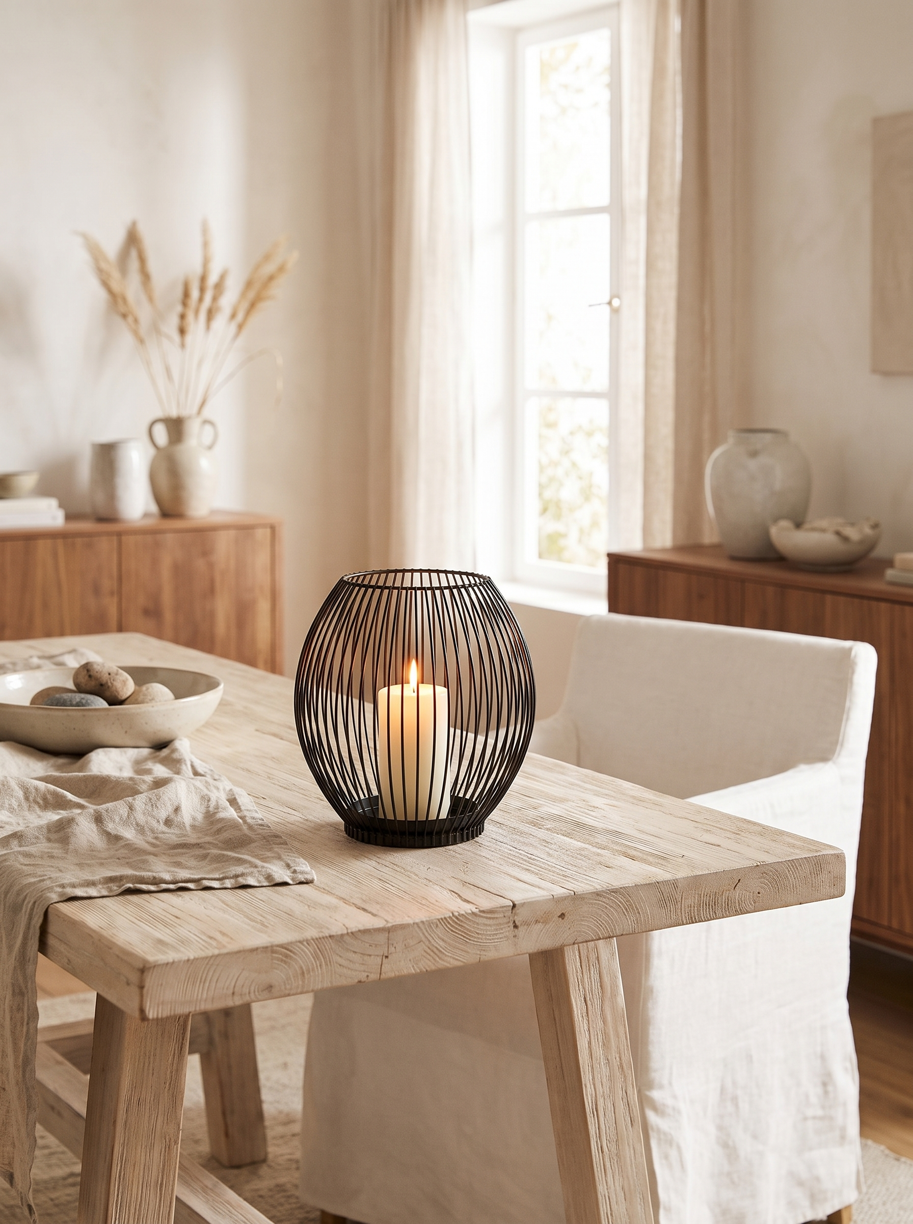Iron candle holder lit on a bare dining table