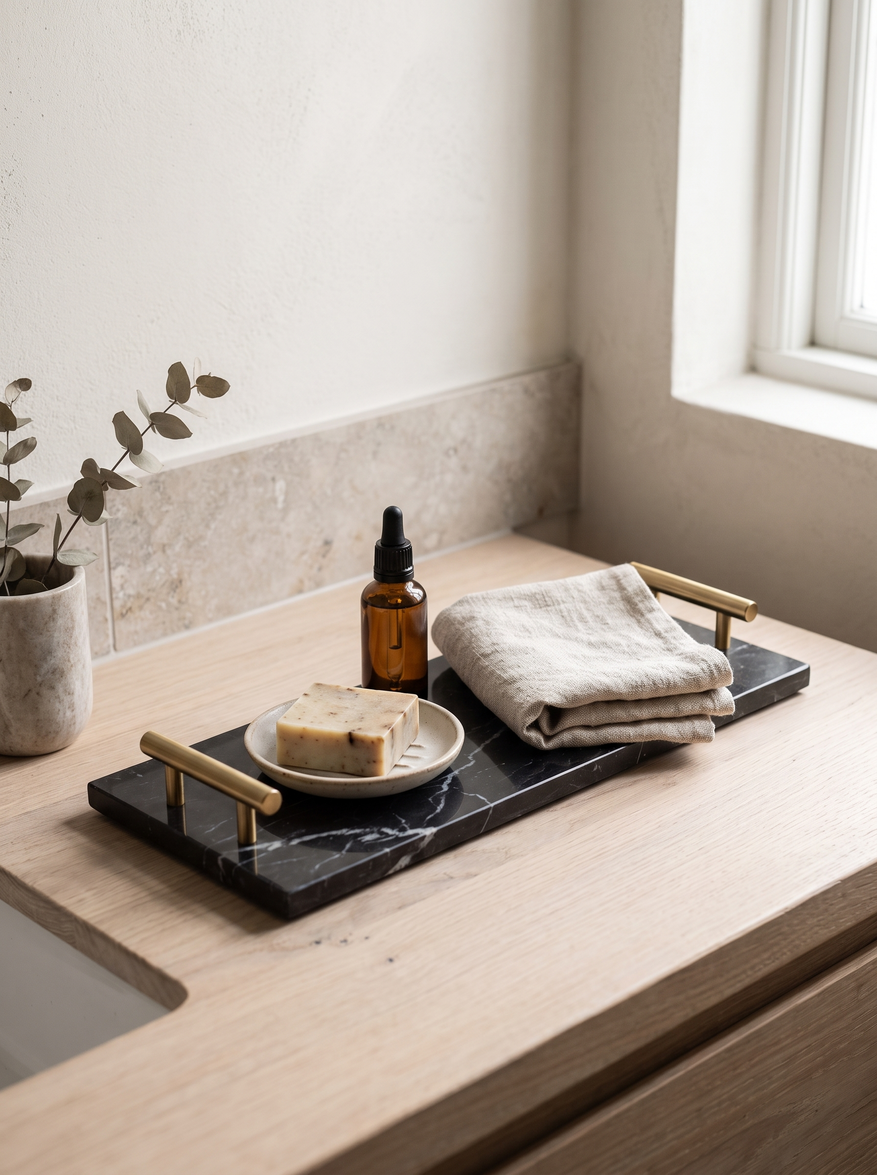 Natural stone veining across a marble tray