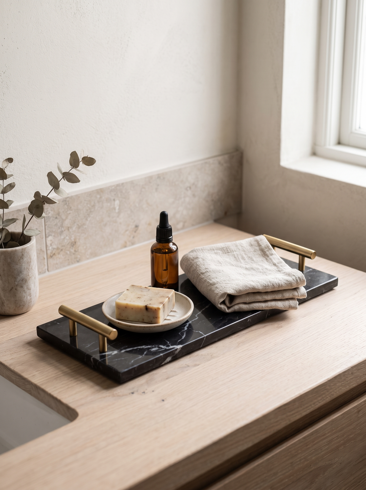 Natural stone veining across a marble tray