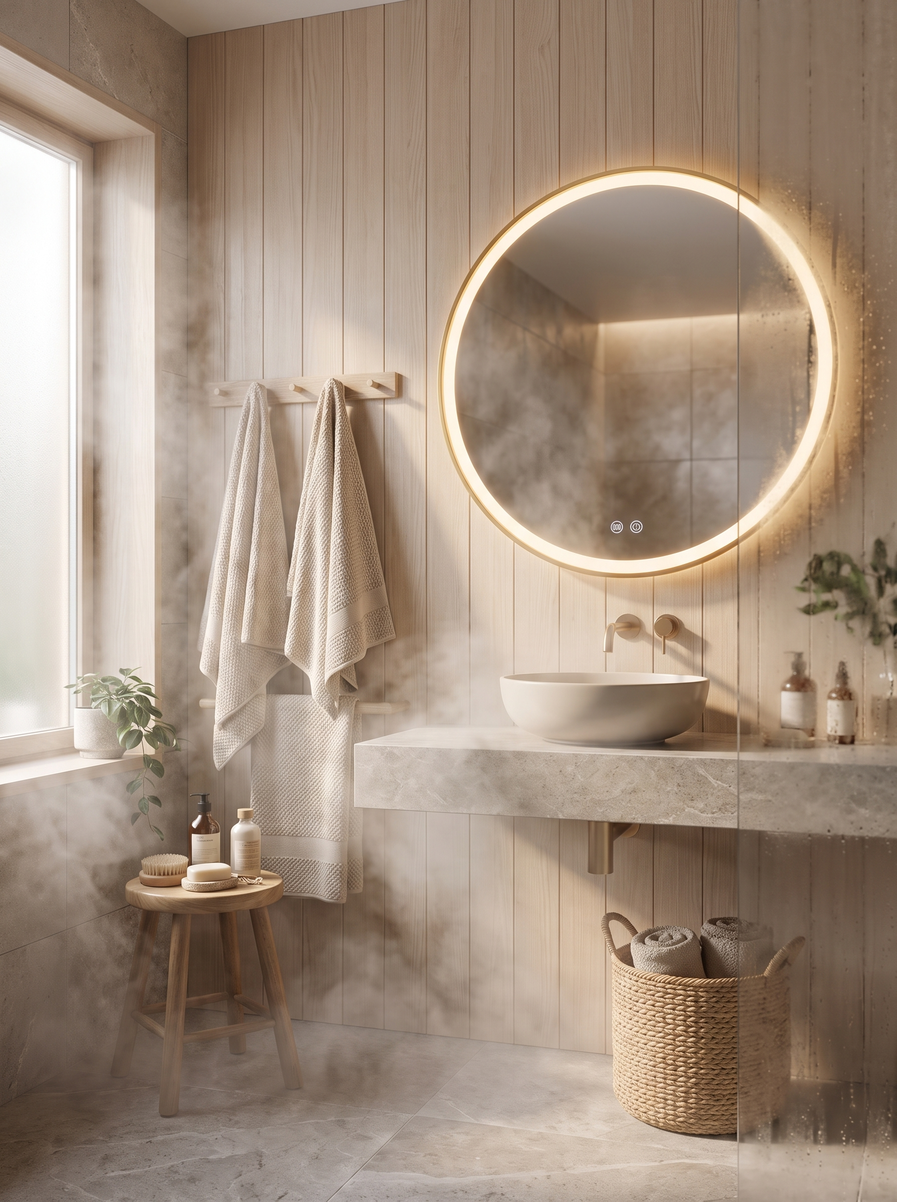 Clear demisted bathroom mirror above a basin