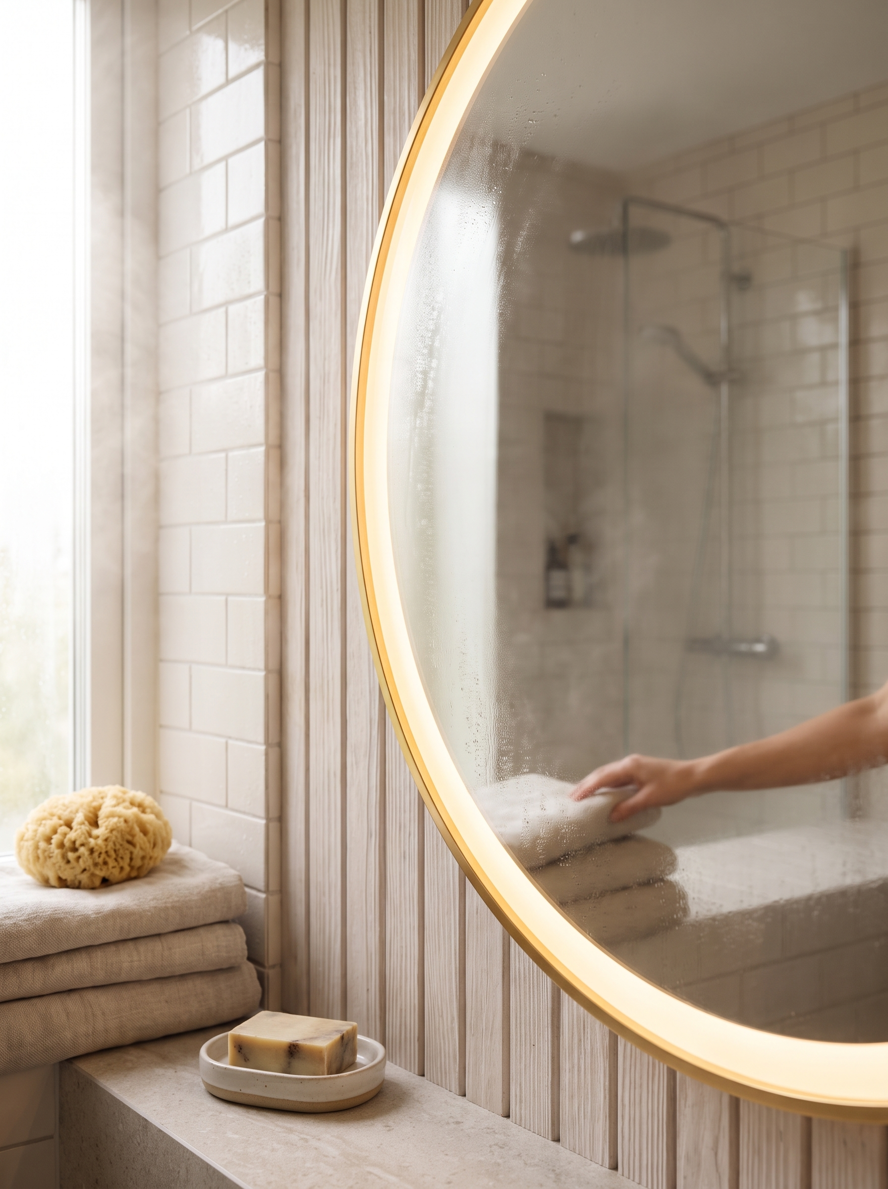 Mirror edge and frame beside bathroom tile