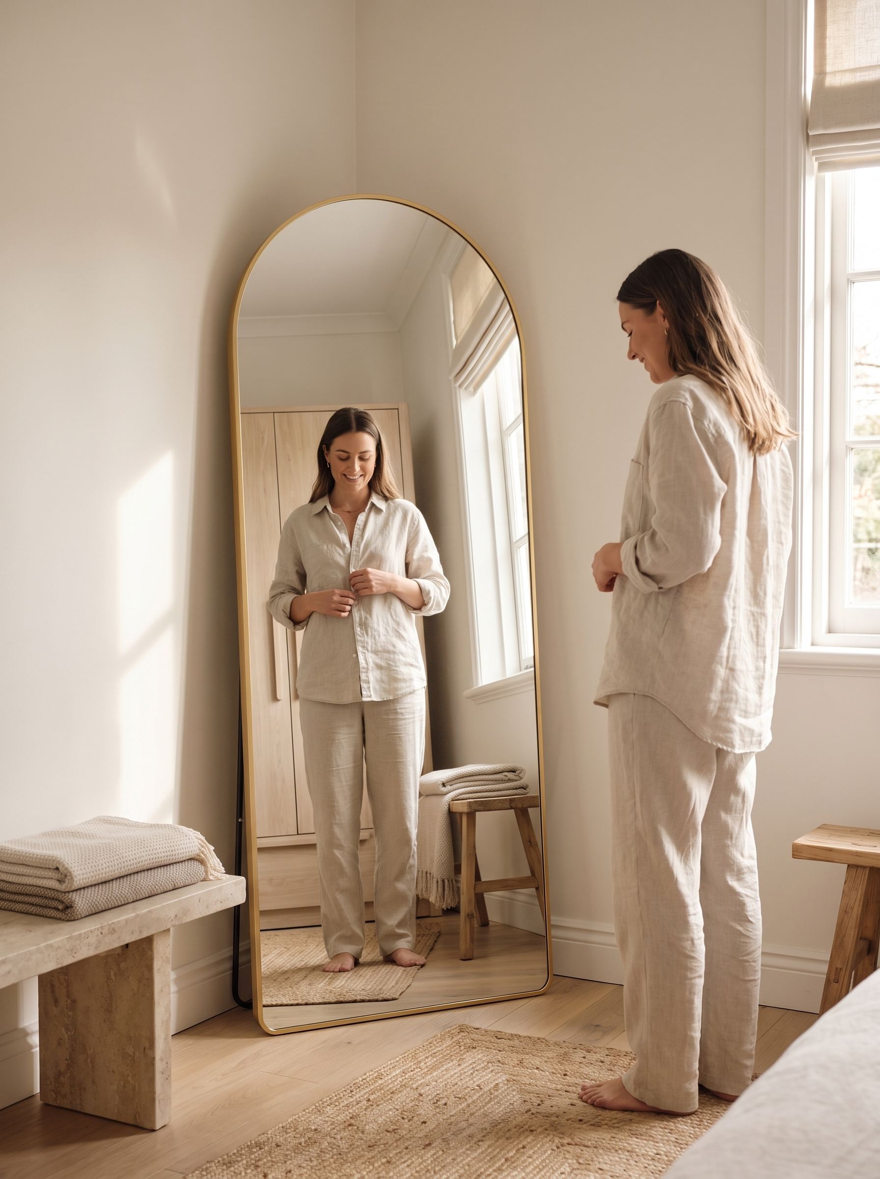 Full length mirror in a bedroom corner