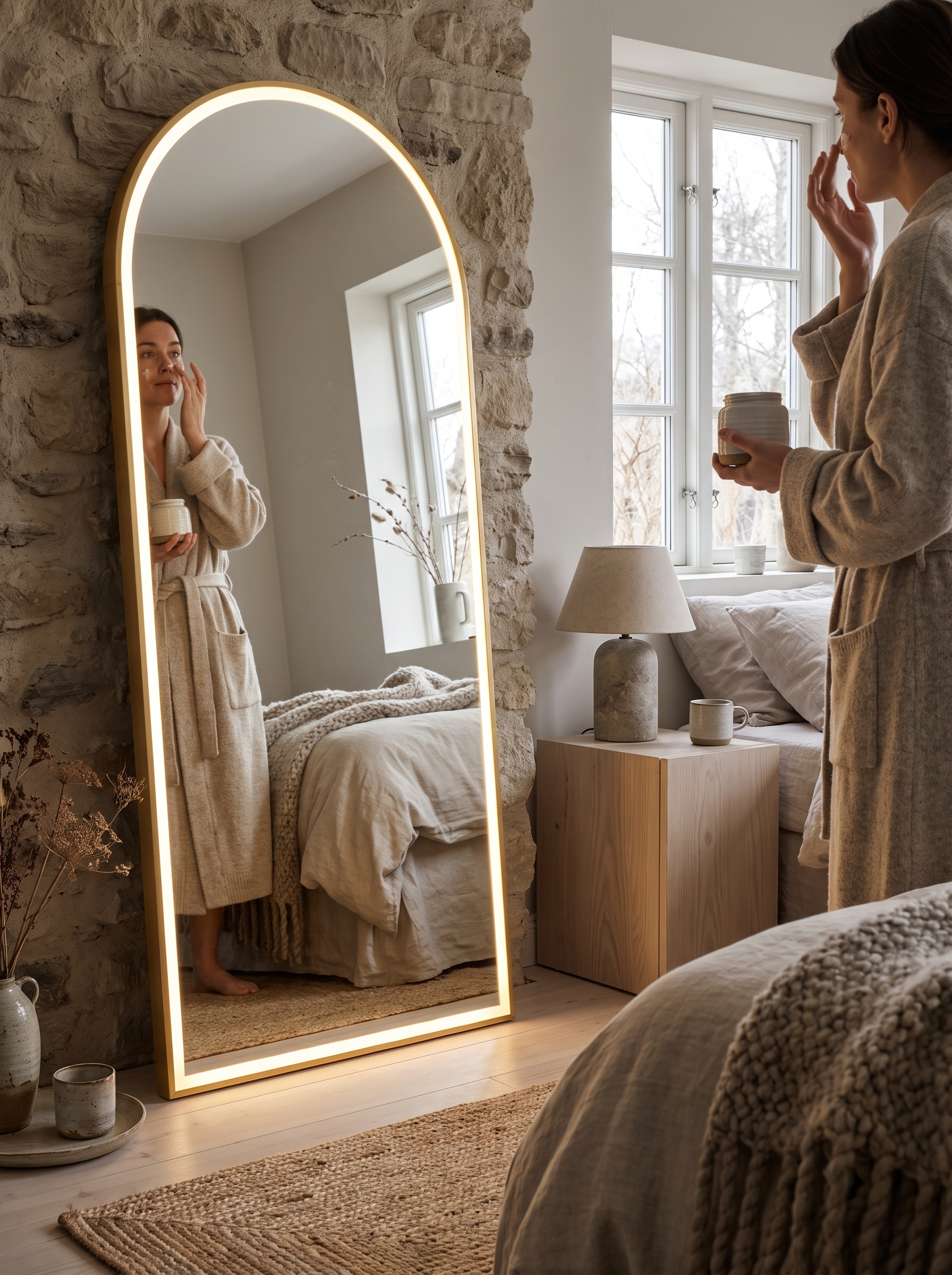 Mirror with a lit LED edge on a dark morning