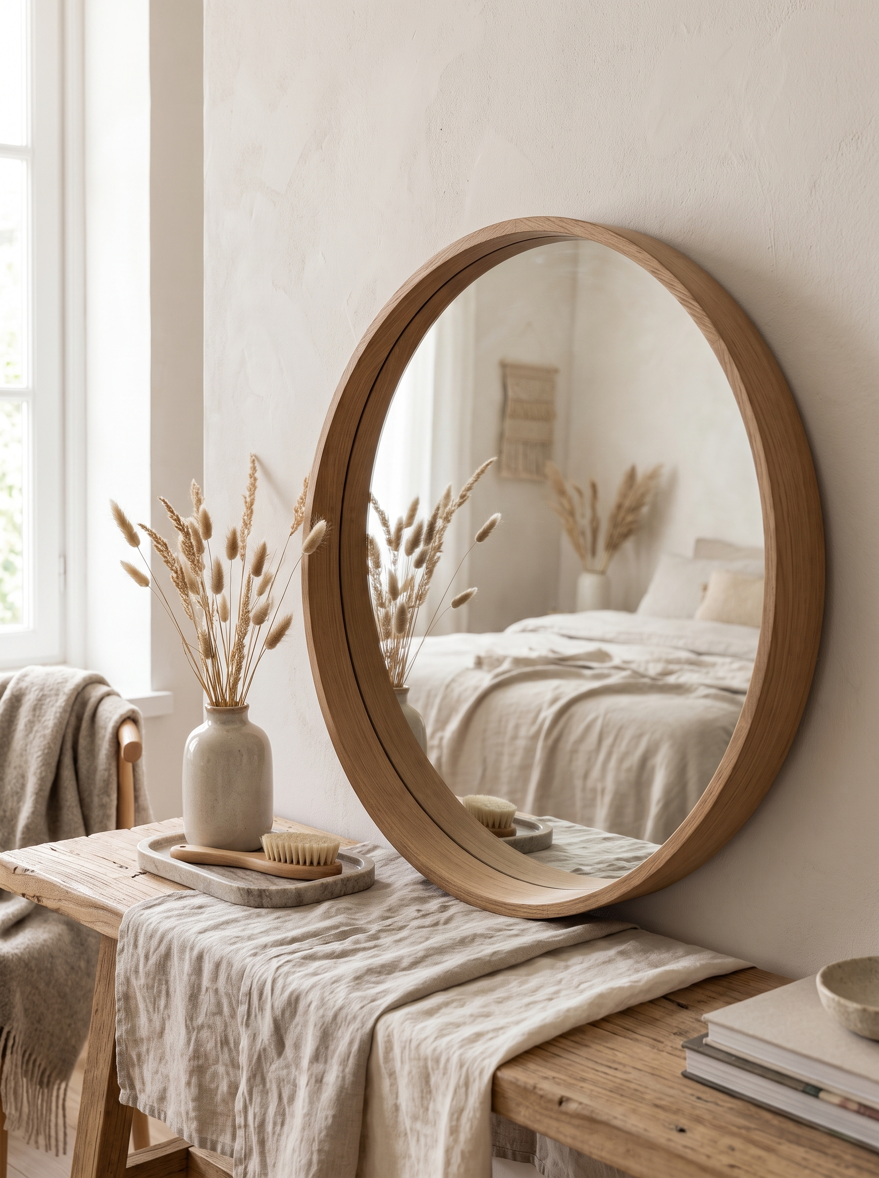 Turned oak grain frame catching daylight