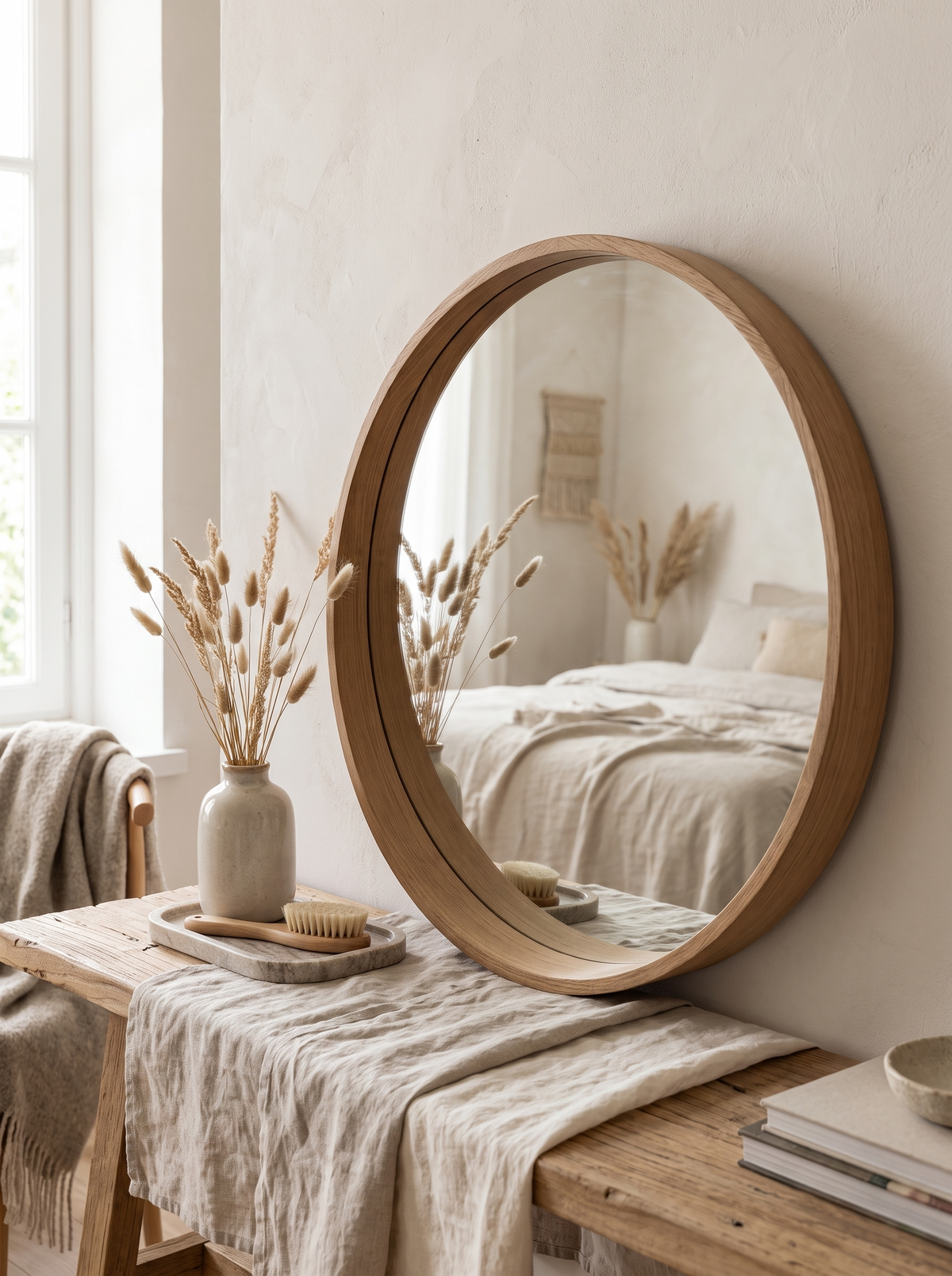 Turned oak grain frame catching daylight