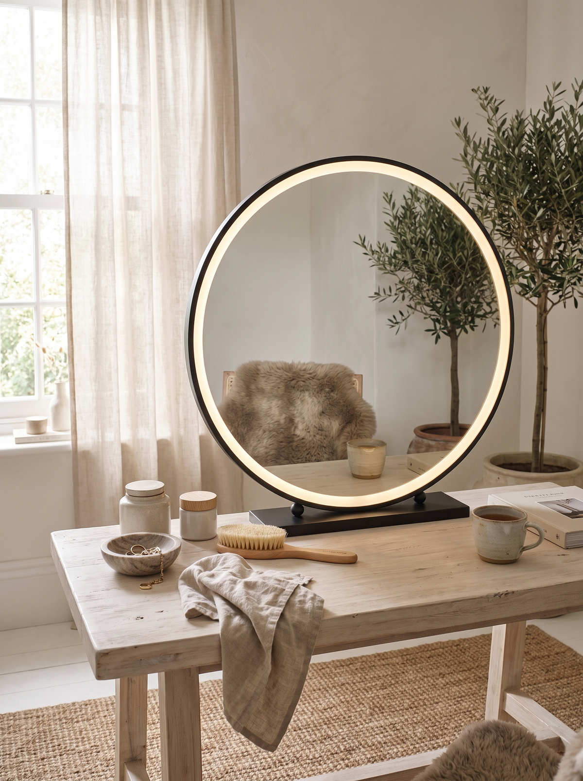 Vanity mirror light blending with window daylight