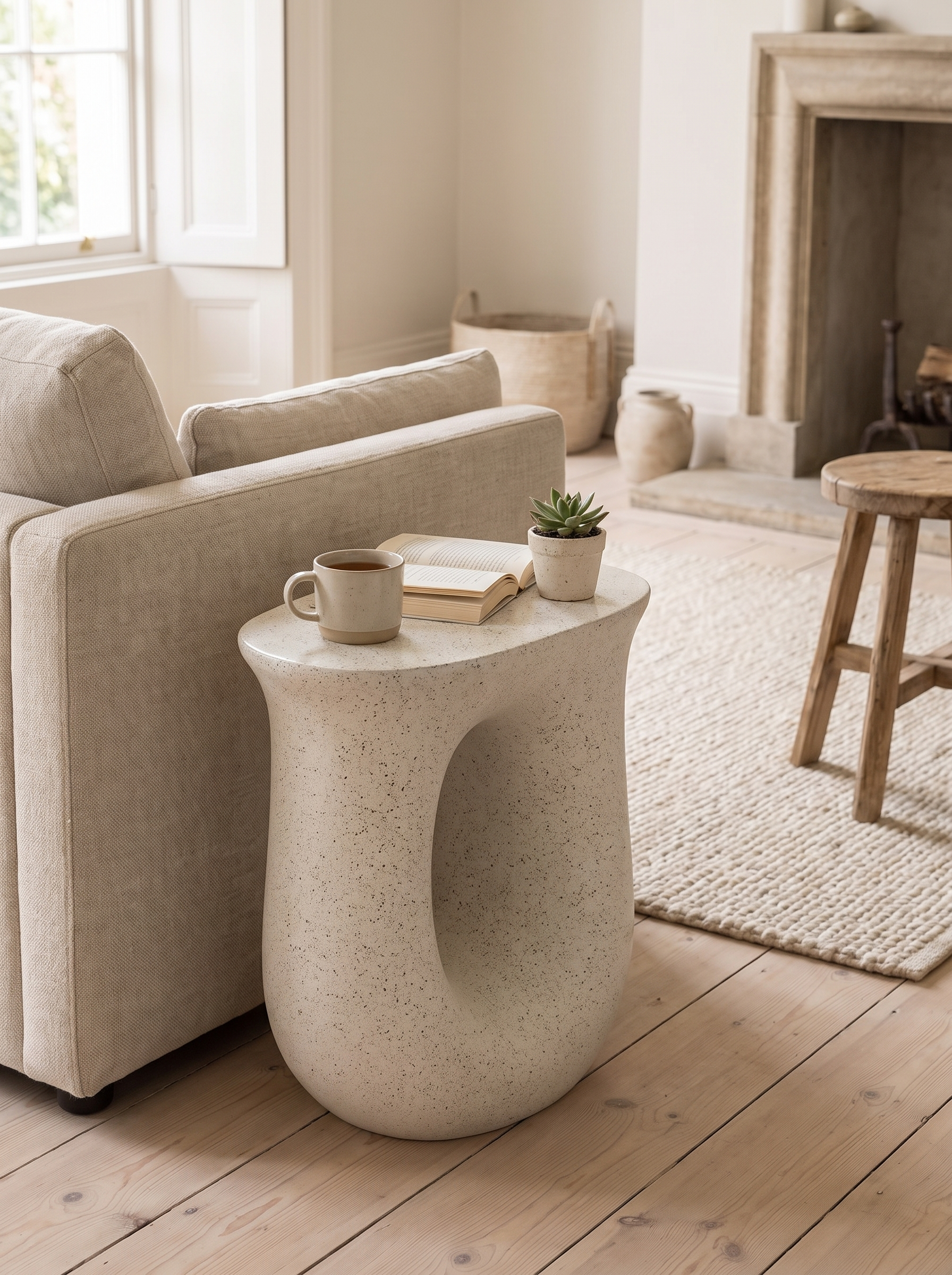 Side table at the end of a sofa in a compact room