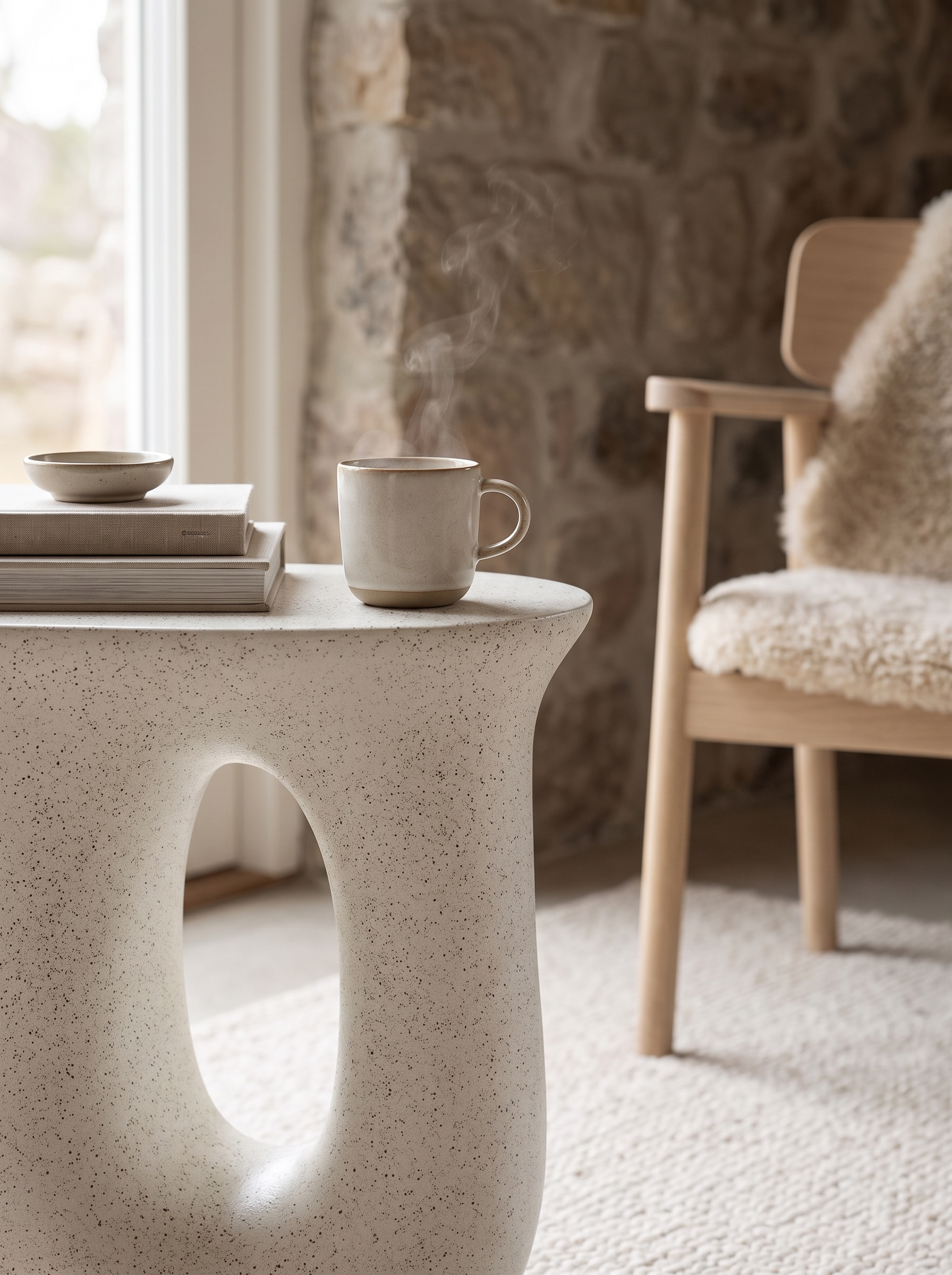 Marble table top with a warm cup standing on it