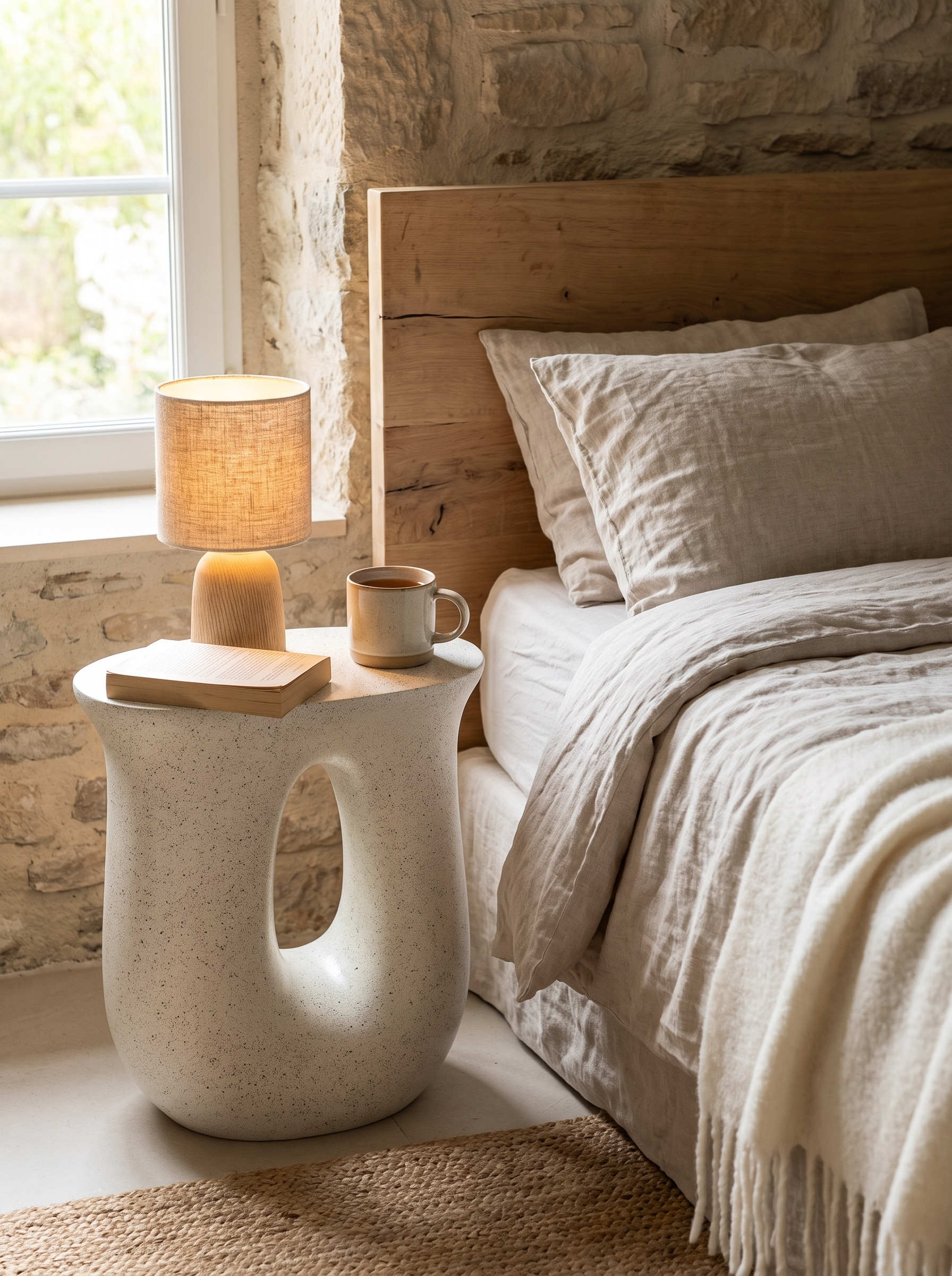 Cream side table beside a bed with a lamp and book