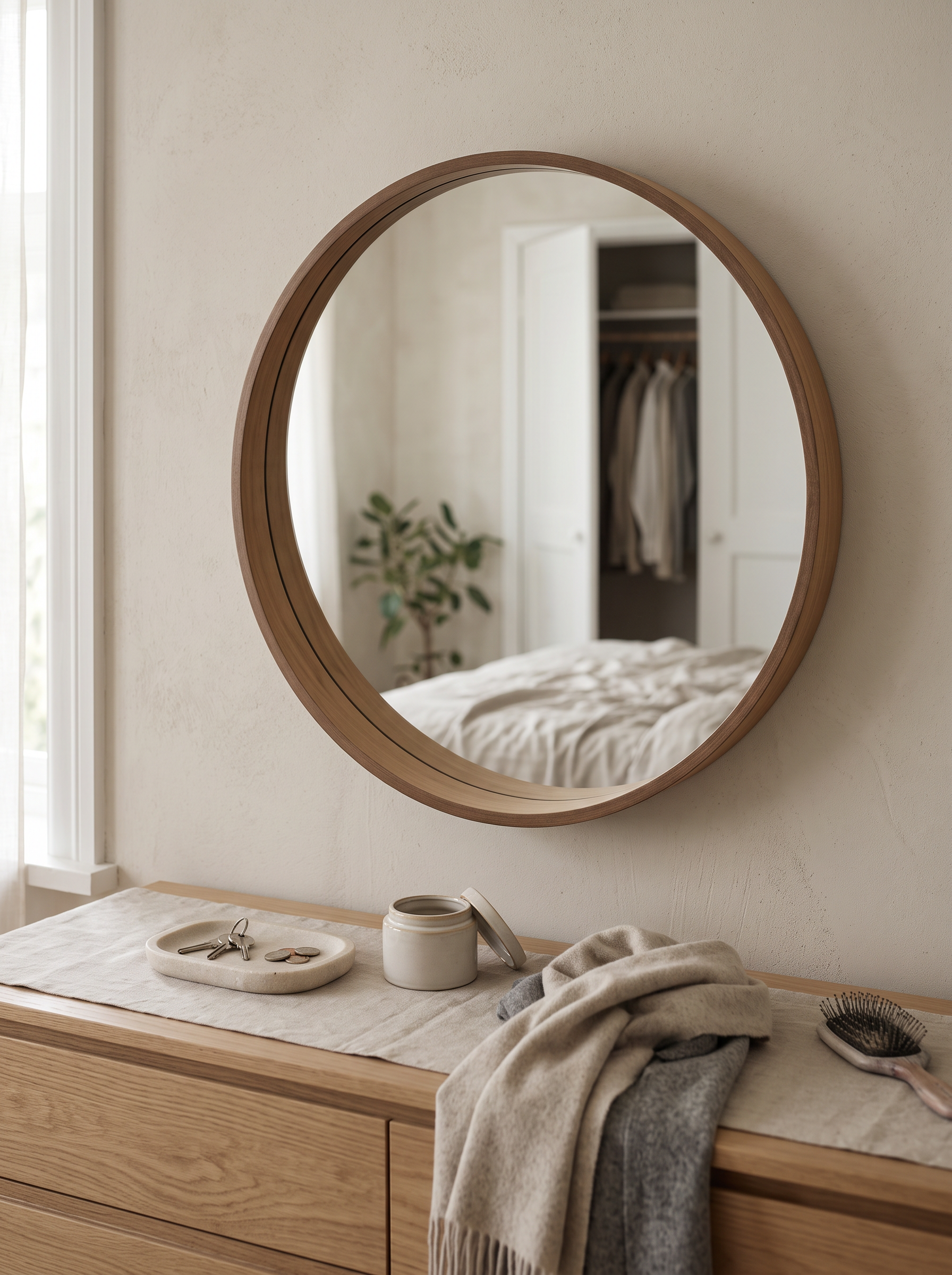Round wood mirror above a chest of drawers