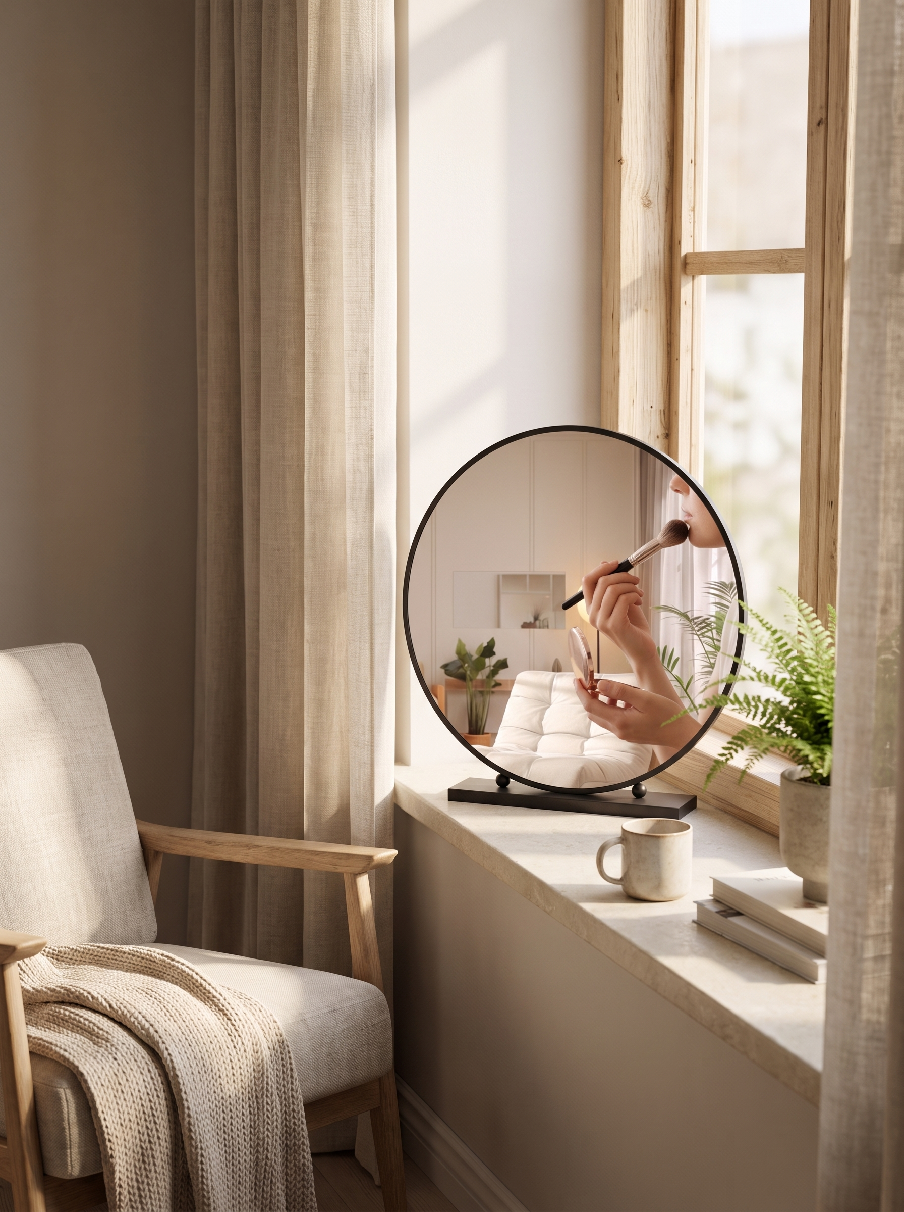 Rechargeable mirror carried to a sunlit windowsill