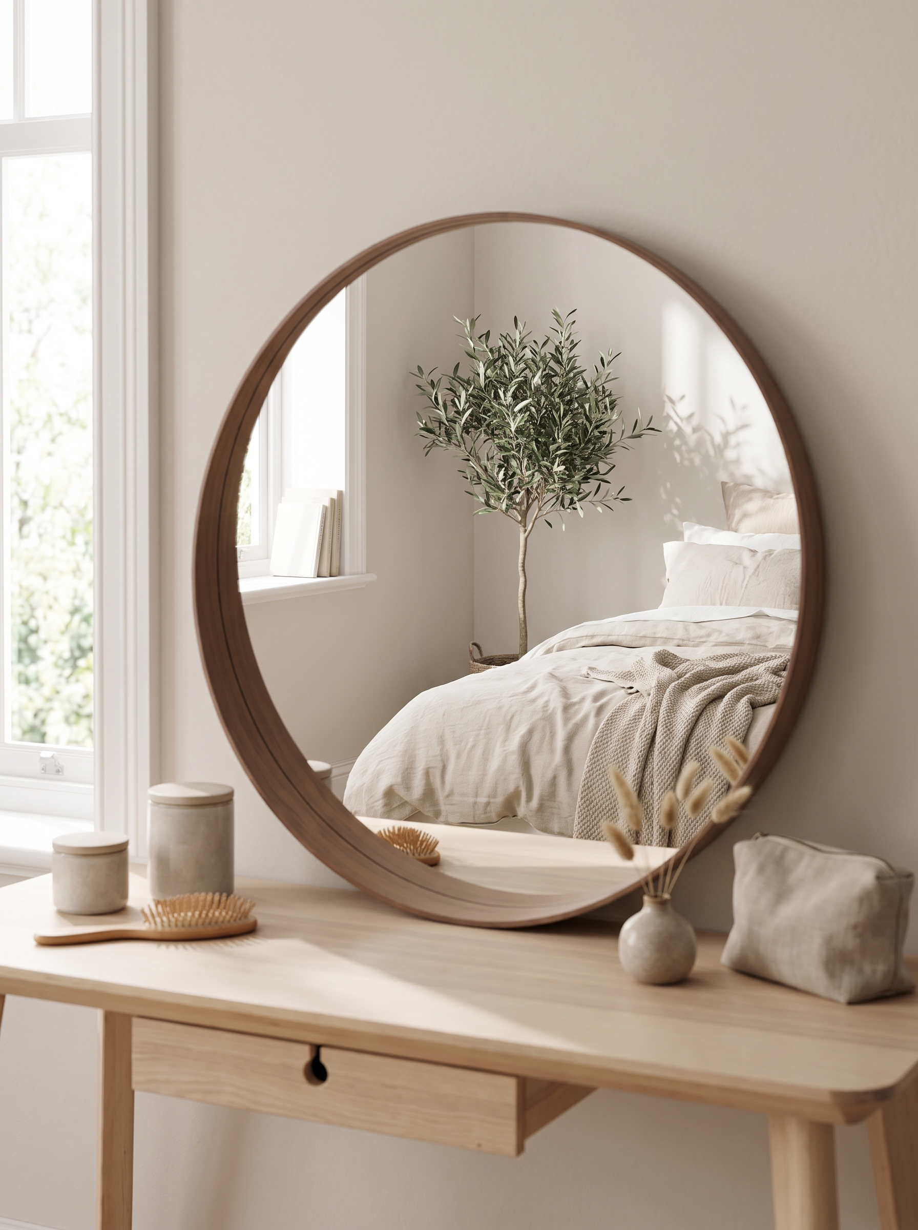 Round wood mirror standing on a dressing table