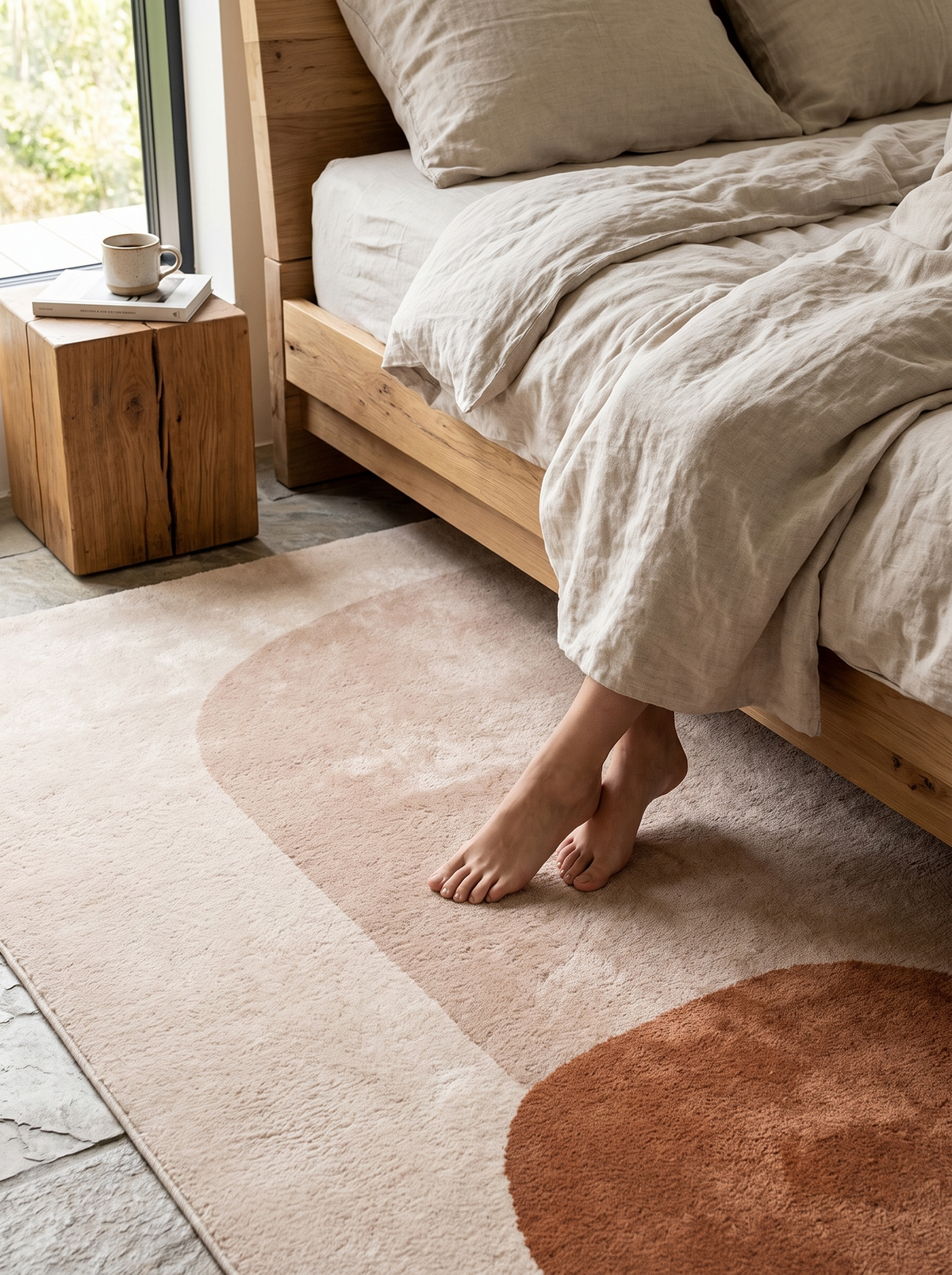 Soft suede rug pile beside a bed