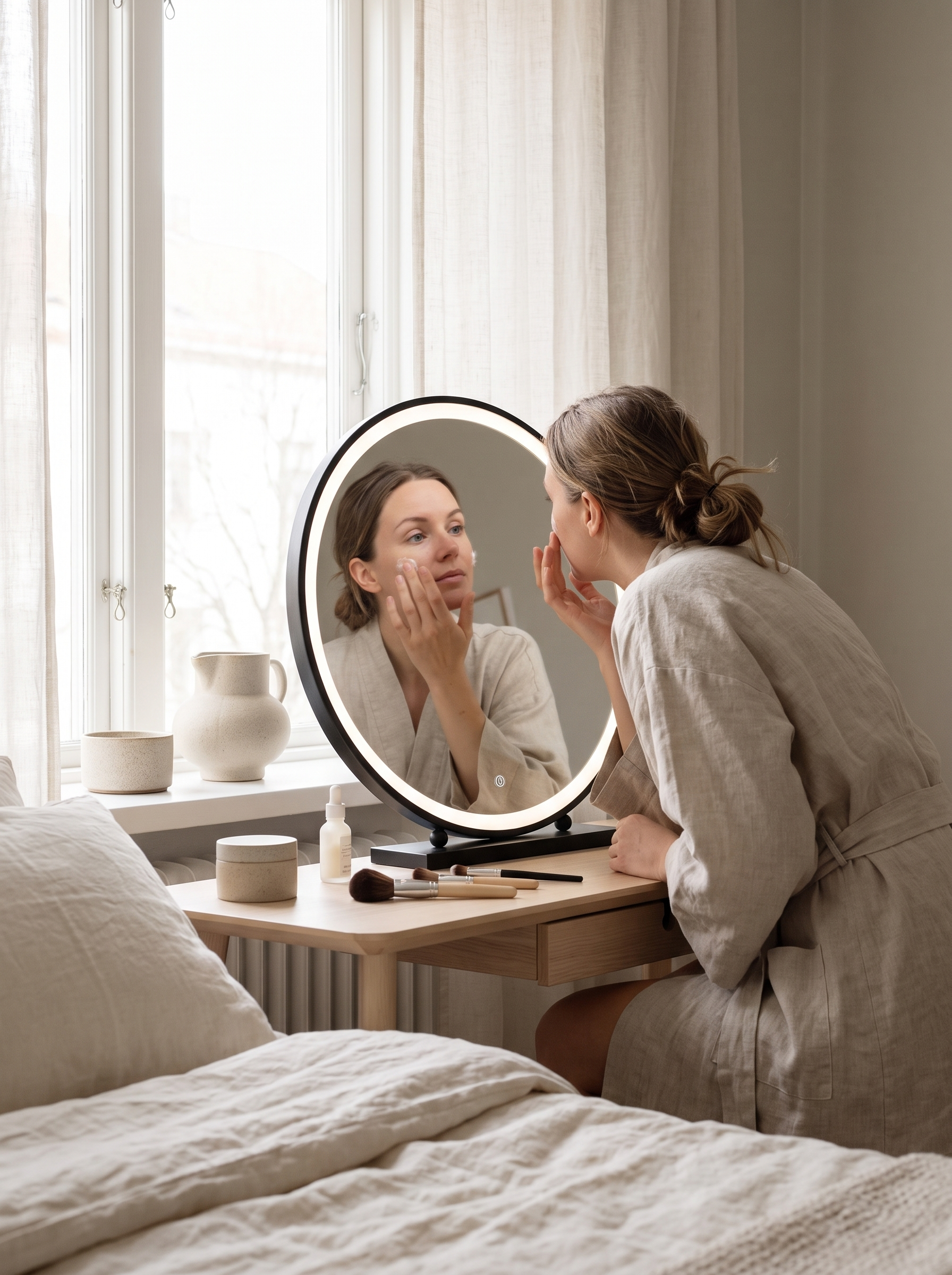 Vanity mirror lighting a face evenly at a dressing table