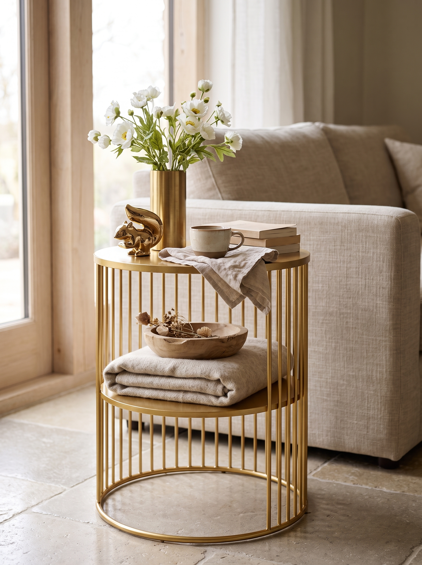 Marble side table top holding a warm cup