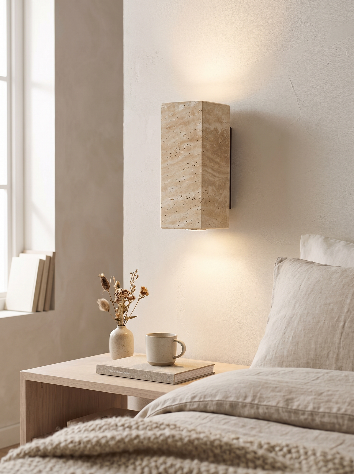 Natural travertine pitting across a lit disc