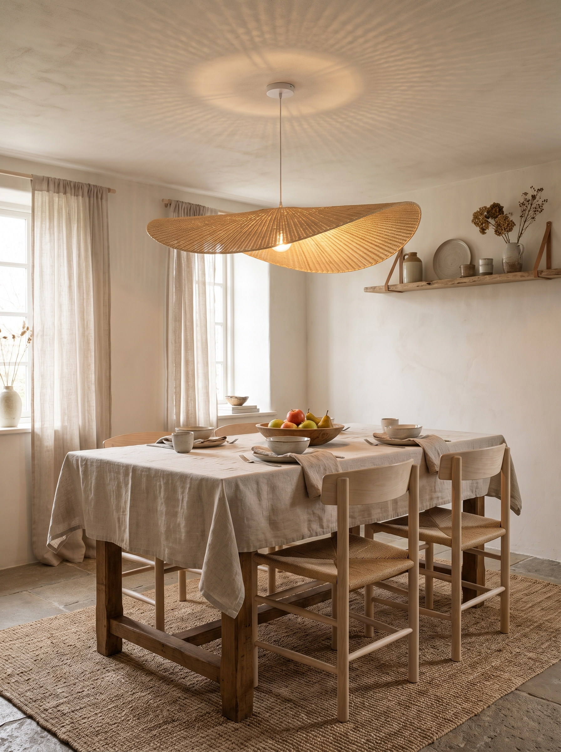 Rattan shade casting a woven pattern on a ceiling