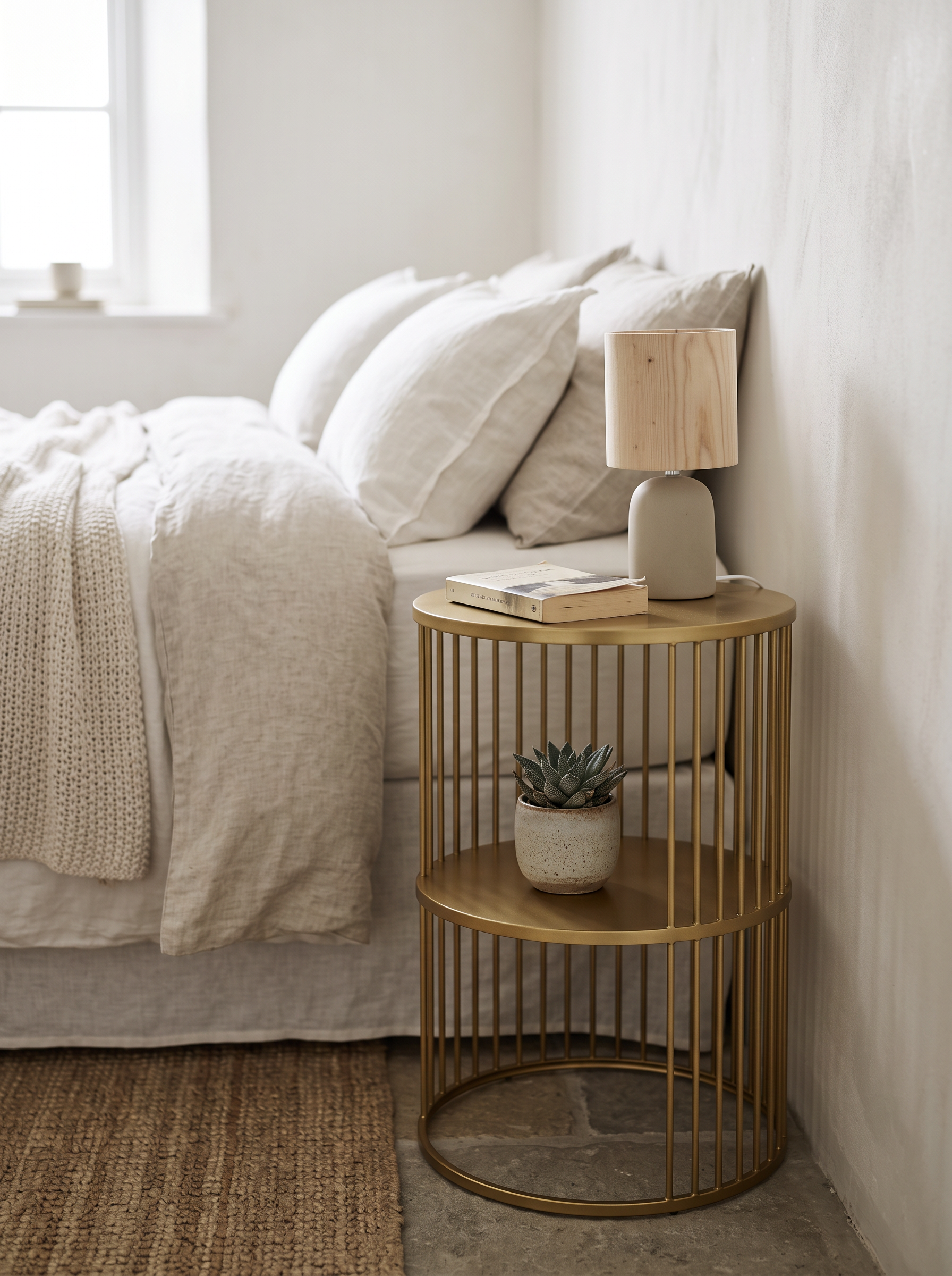Slim side table tucked beside a bed
