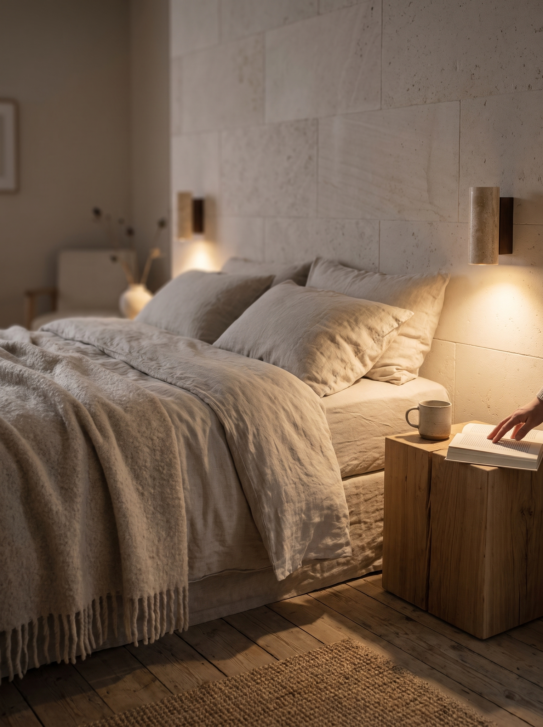 Travertine wall light glowing beside a bed