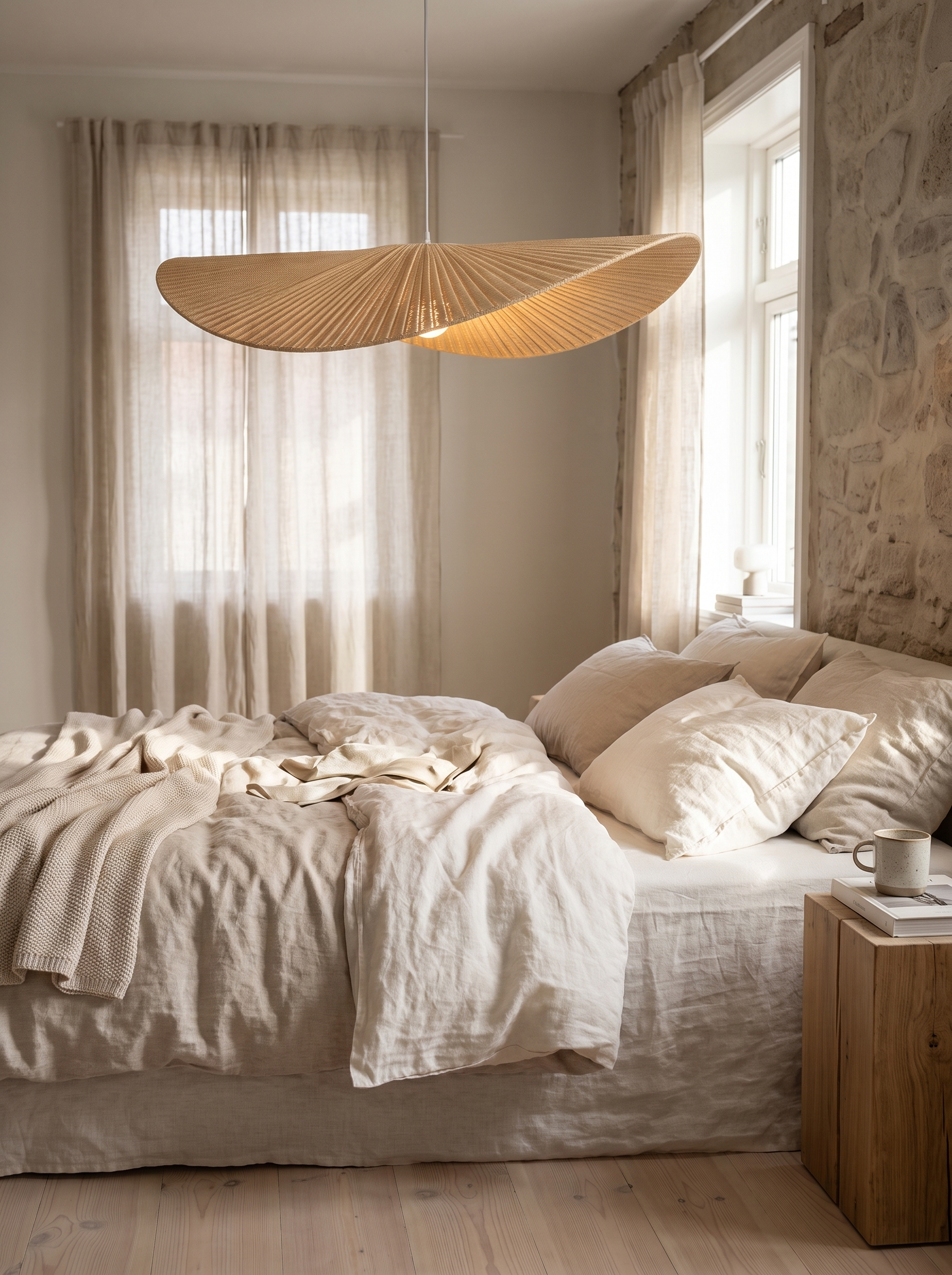 Rattan chandelier hanging above a linen bed
