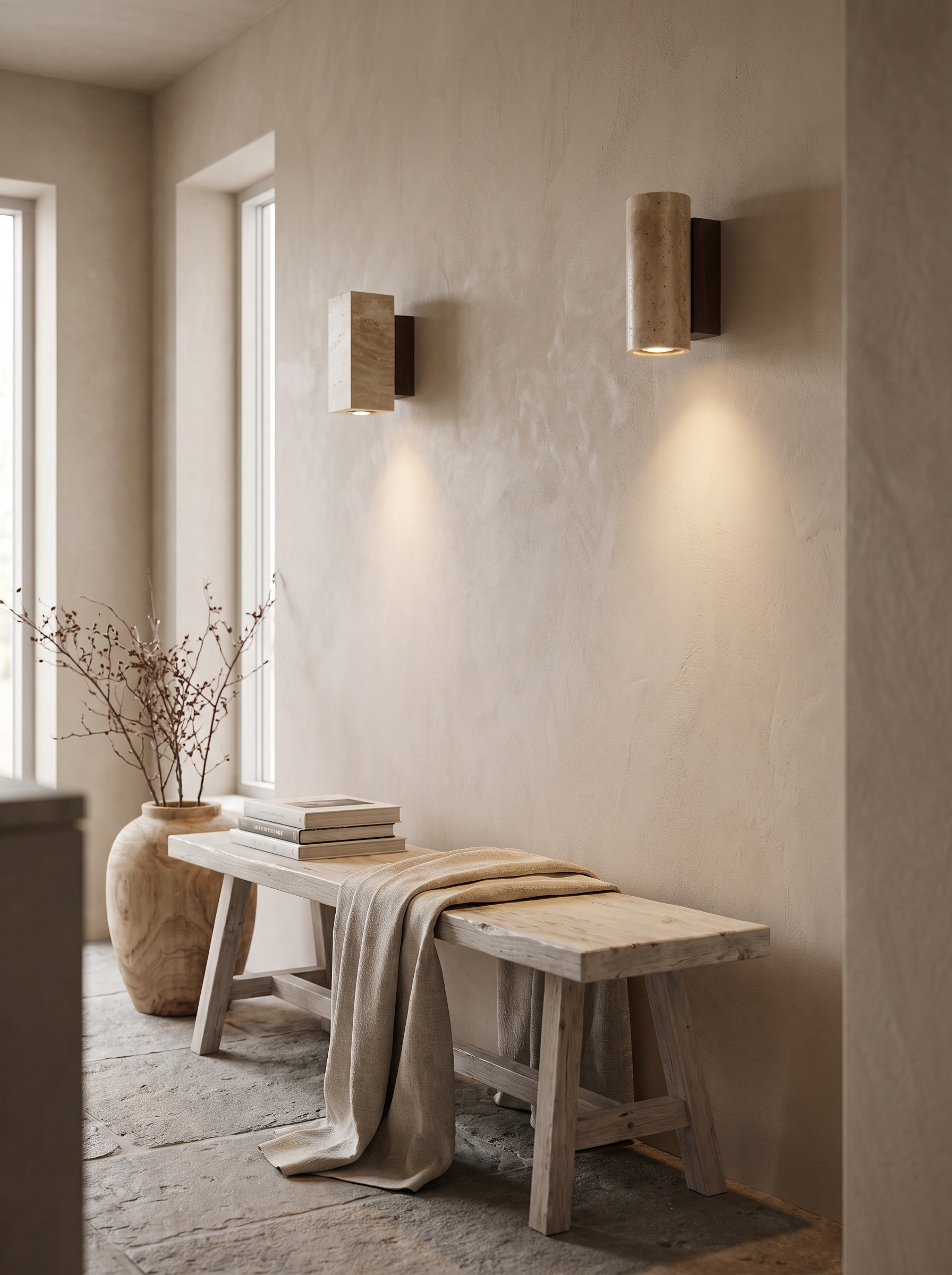 Travertine disc light mounted flat in a corridor