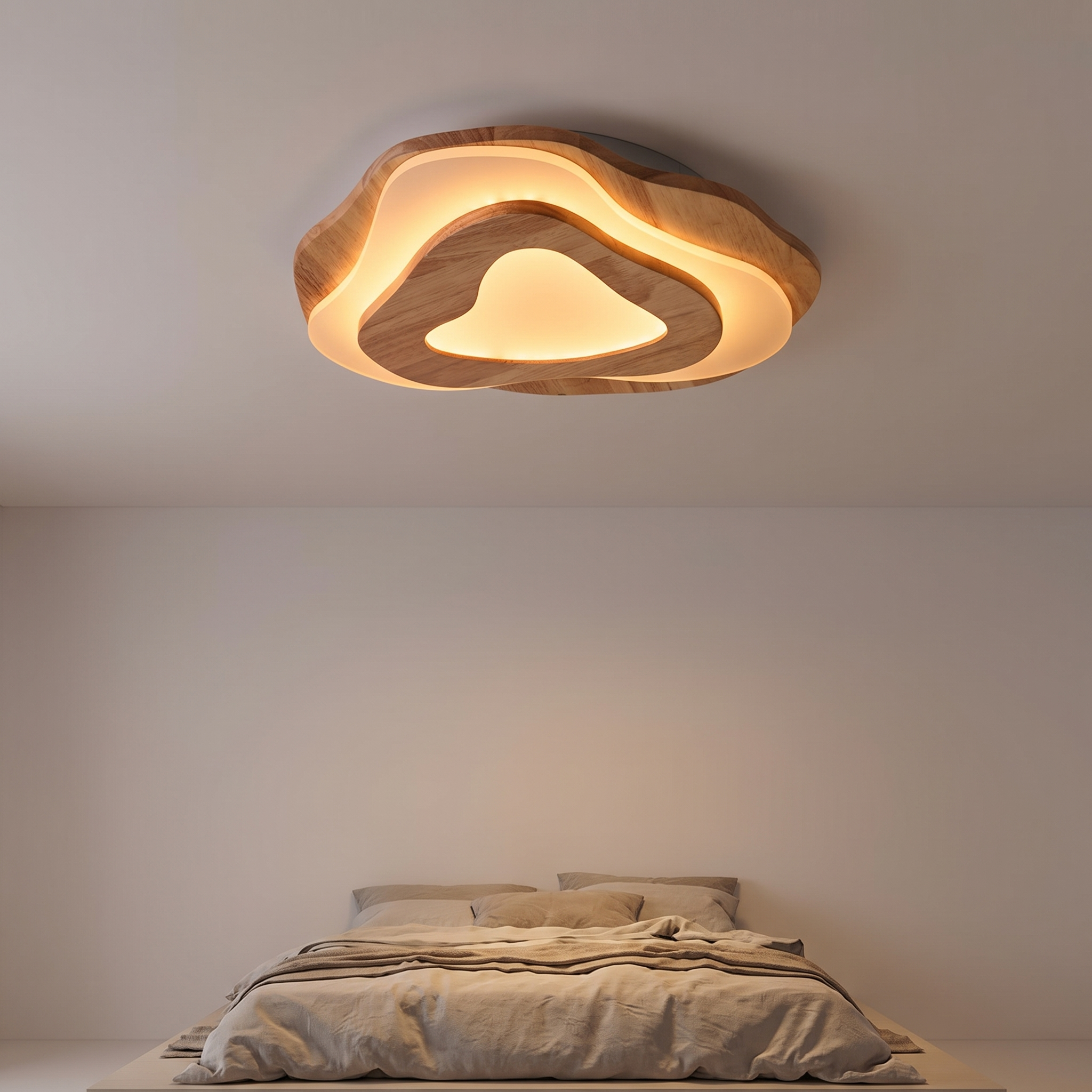Wooden ring LED ceiling light dimmed low in a bedroom