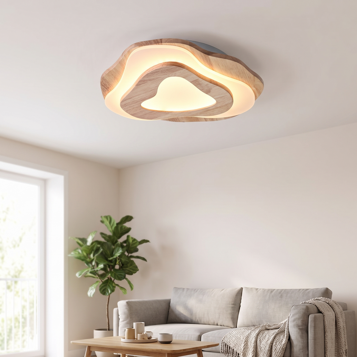 Wooden ring LED ceiling light centred in a living room