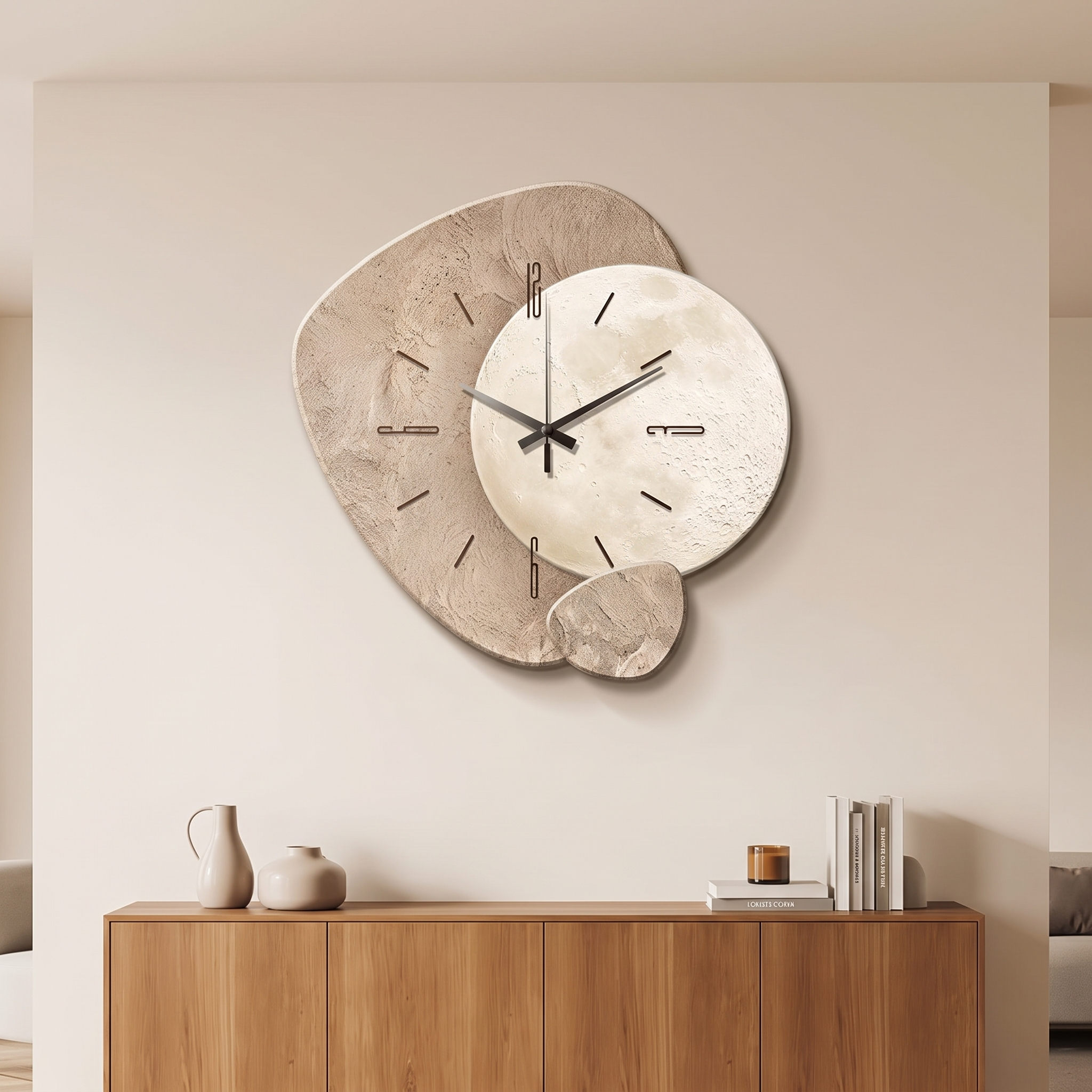 Oval wooden wall clock above a sideboard