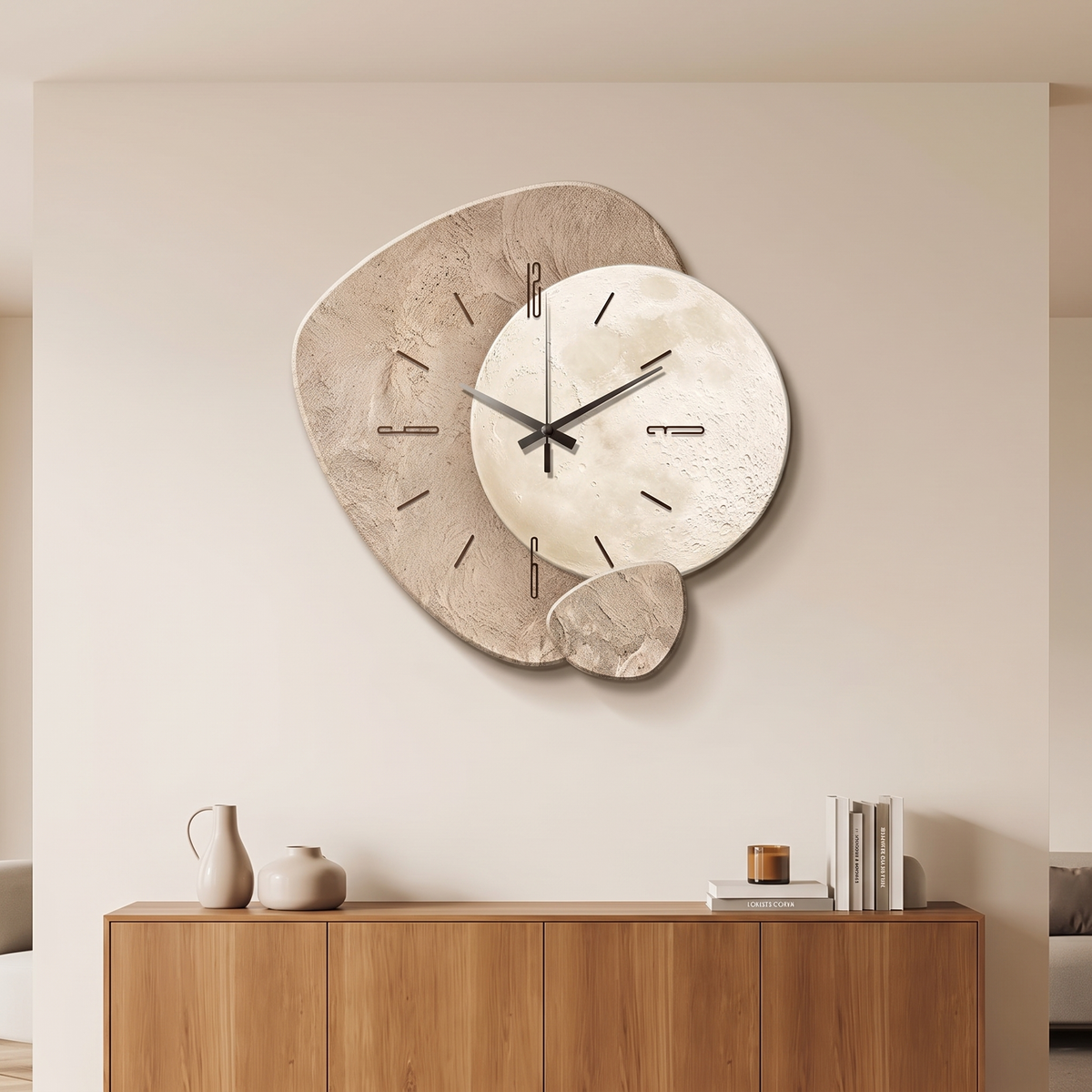 Oval wooden wall clock above a sideboard