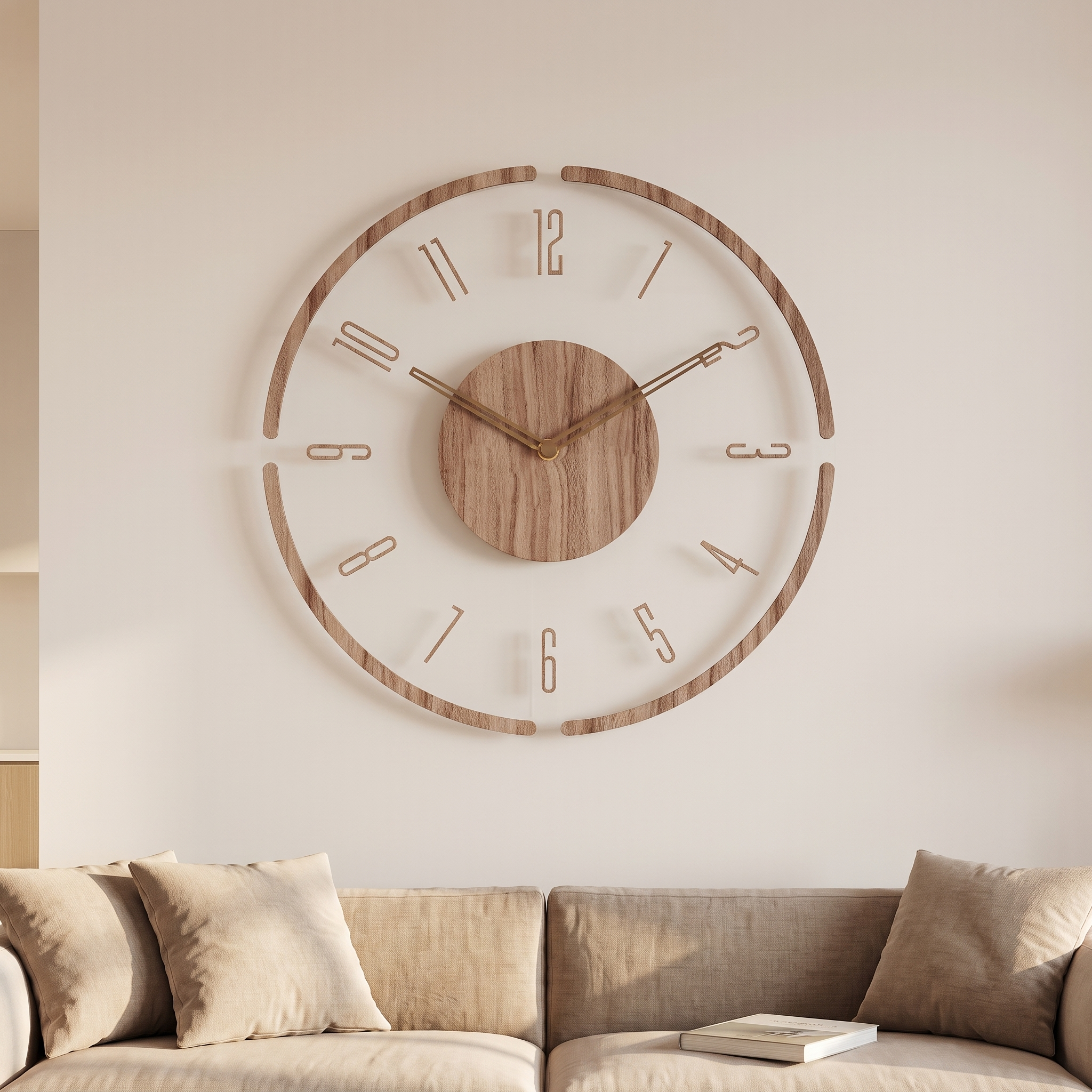 Silent wall clock above a sofa in a quiet living room