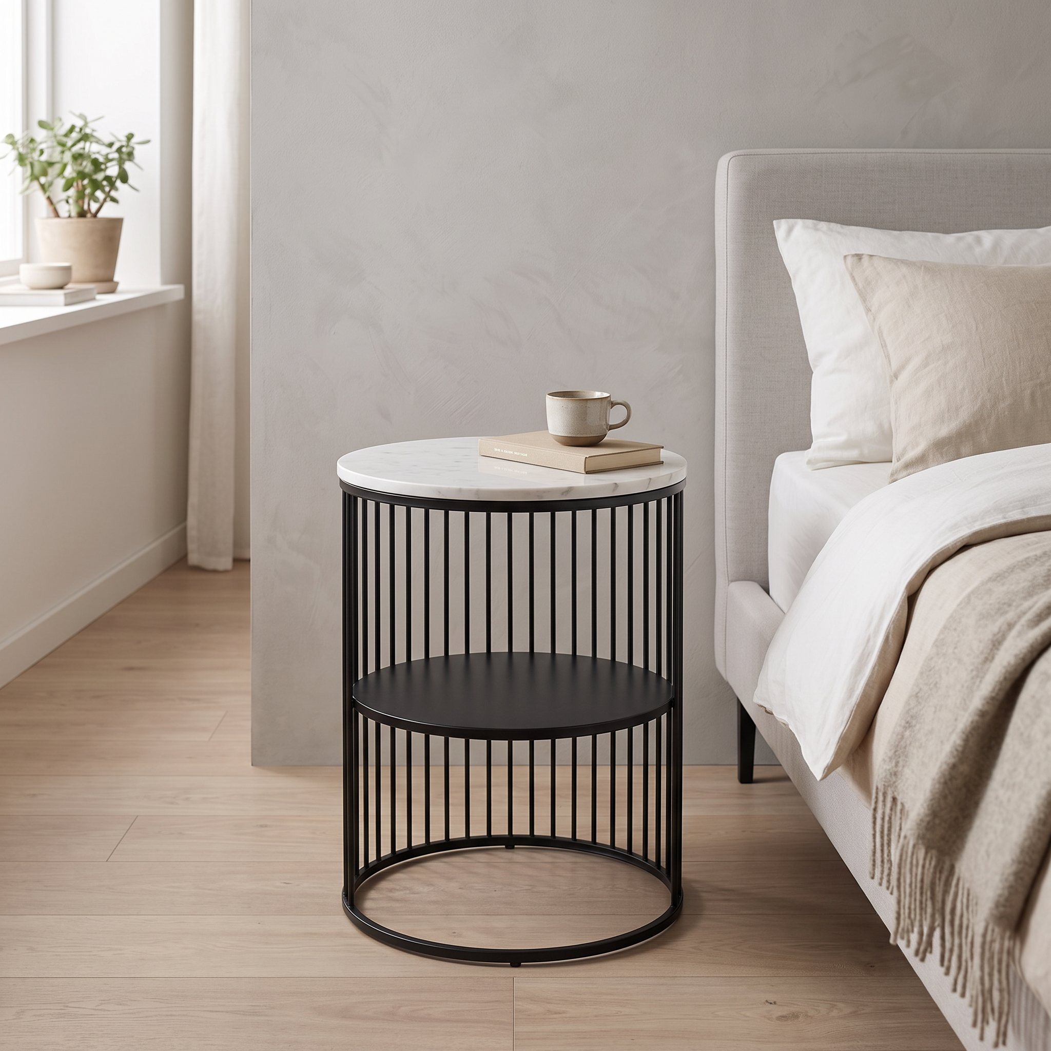 Marble top side table beside a bed