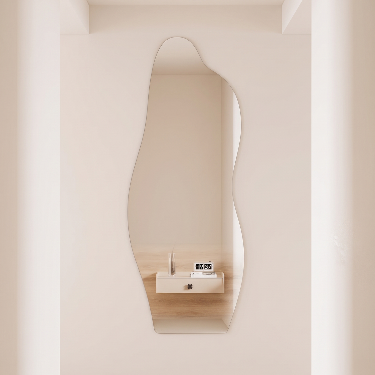 Self adhesive acrylic wall mirror on a hallway wall