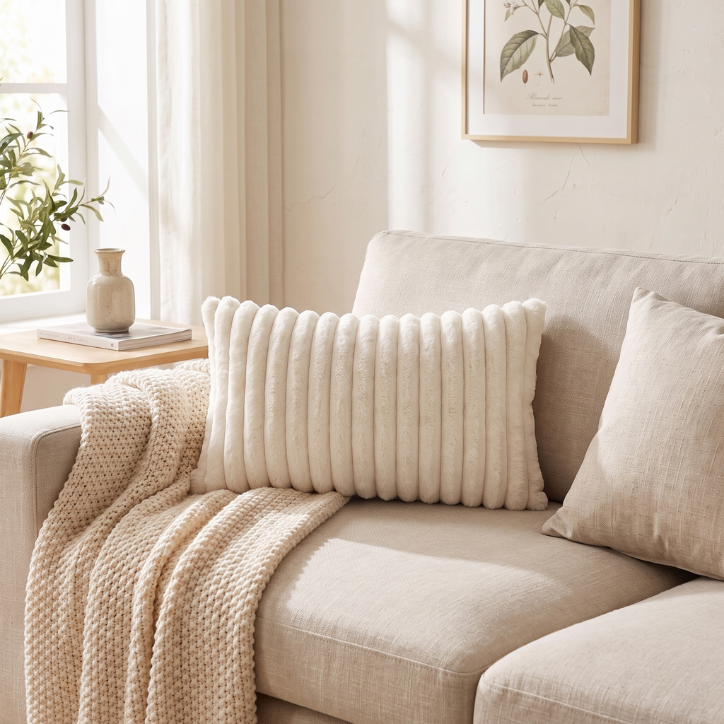 Rectangular cushion resting on a linen sofa