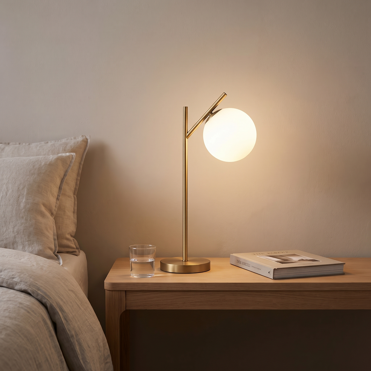 Copper table lamp glowing warm on a bedside table