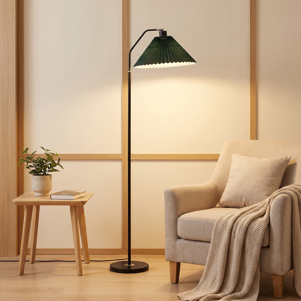 Pleated floor lamp glowing warm beside an armchair